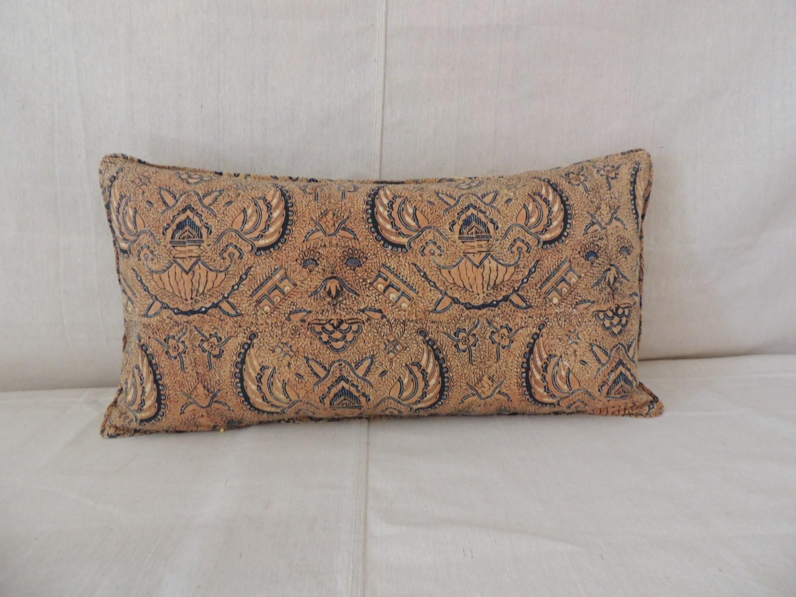 Hand-Crafted Vintage Yellow and Blue Hand-Blocked Batik Long Bolster Decorative Pillow