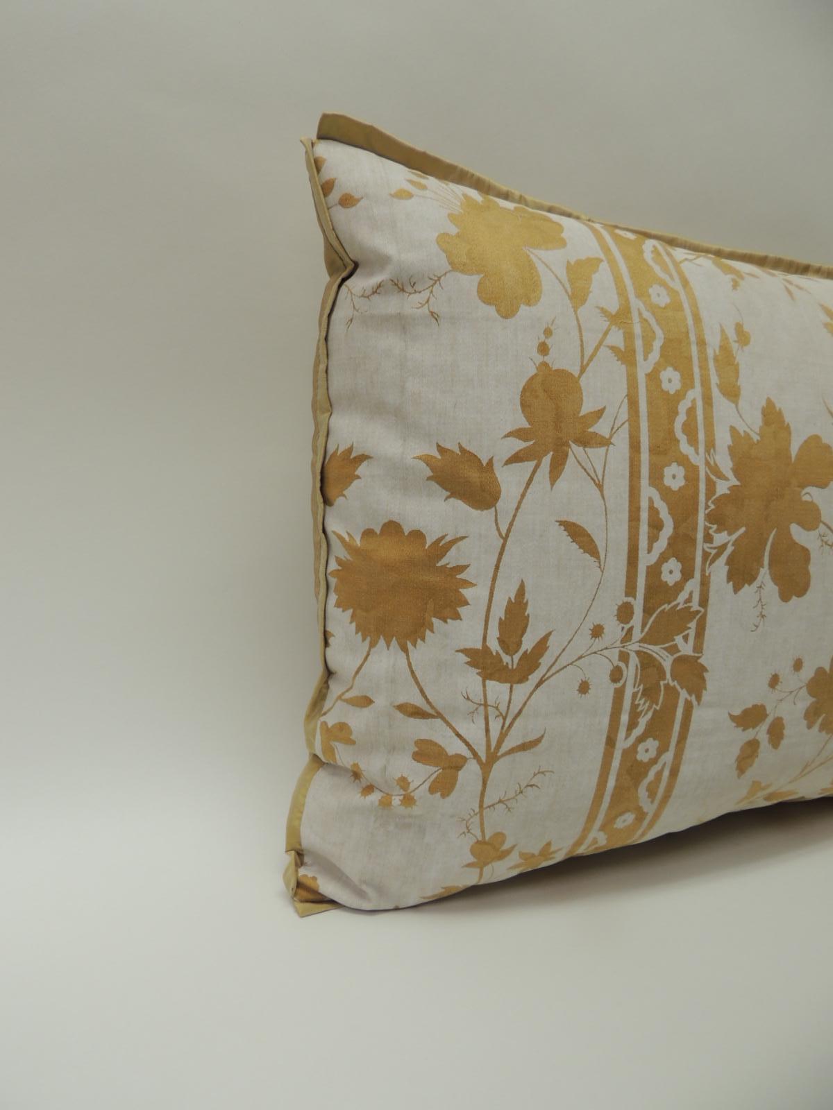 Vintage yellow and natural Fortuny stripes and flowers decorative handcrafted bolster pillow embellished with ATG custom flat golden silk trim, same silk as backing. Decorative bolster pillow handcrafted and designed in the USA. Throw bolster pillow