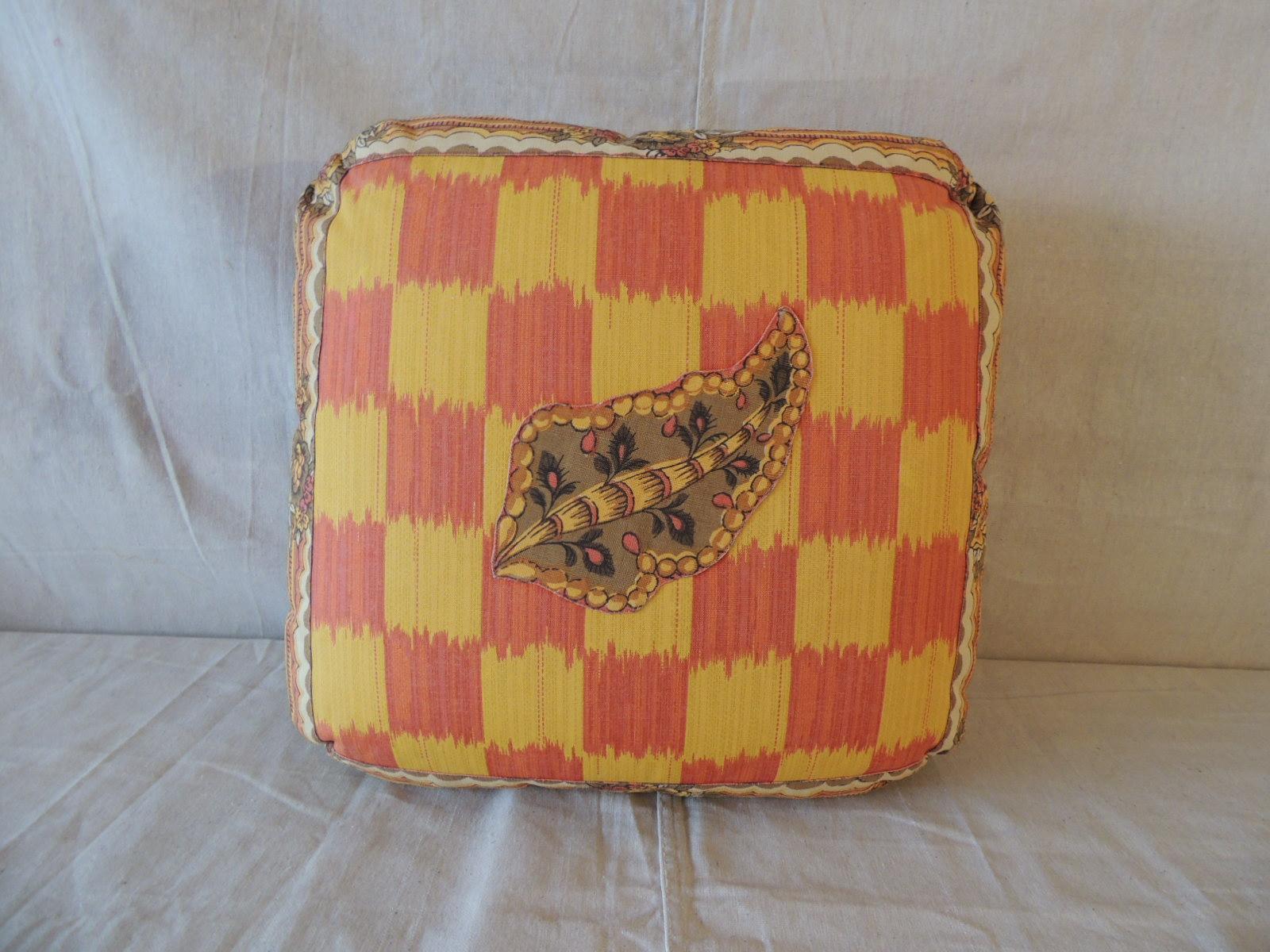 Indonesian Vintage Yellow and Orange Batik and Ikat Decorative Square Pillow