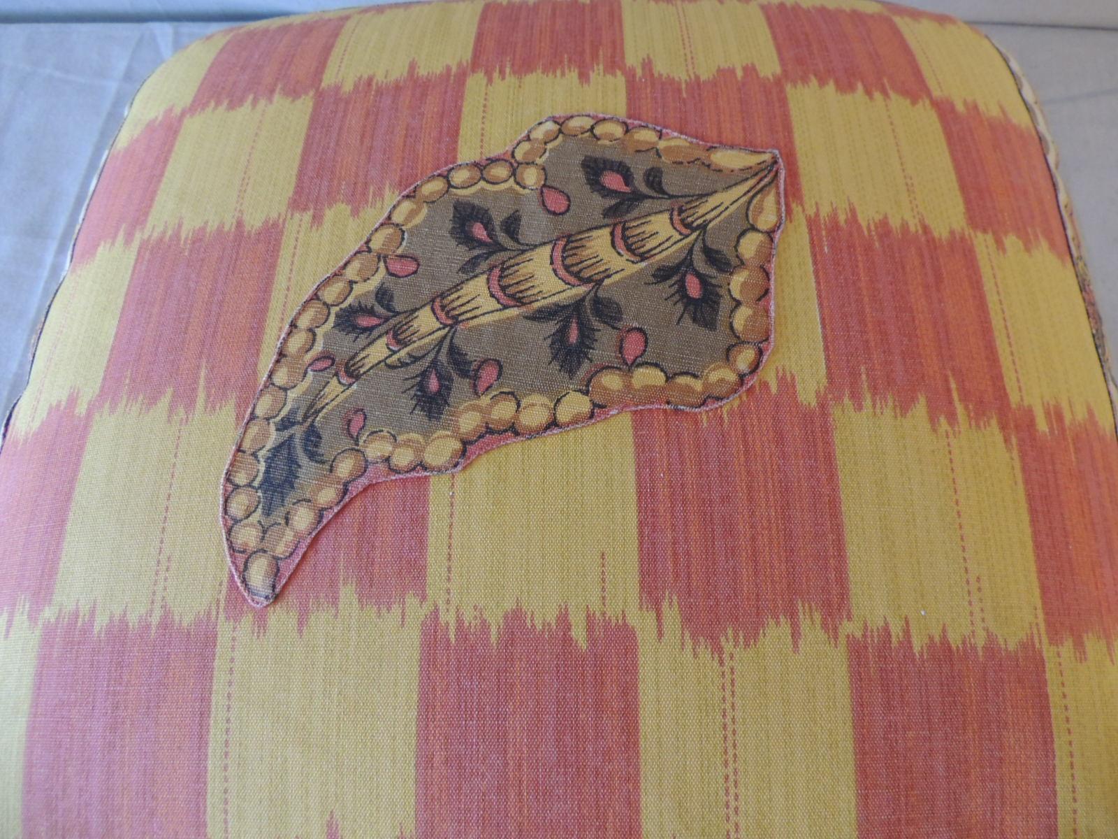 Late 20th Century Vintage Yellow and Orange Batik and Ikat Decorative Square Pillow