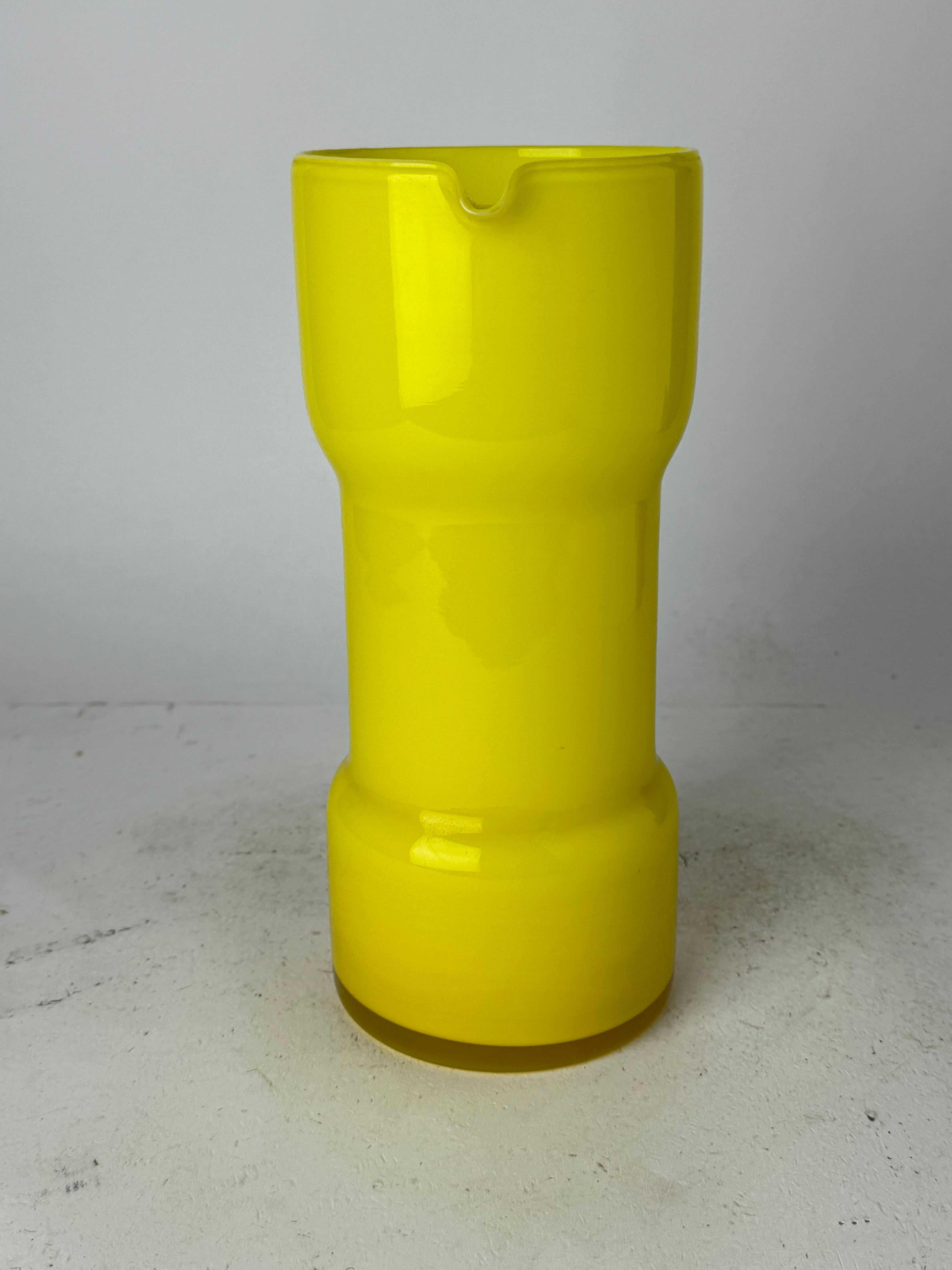 Modern Vintage Yellow and Red Empoli Cased Italian Glass Pitcher For Sale
