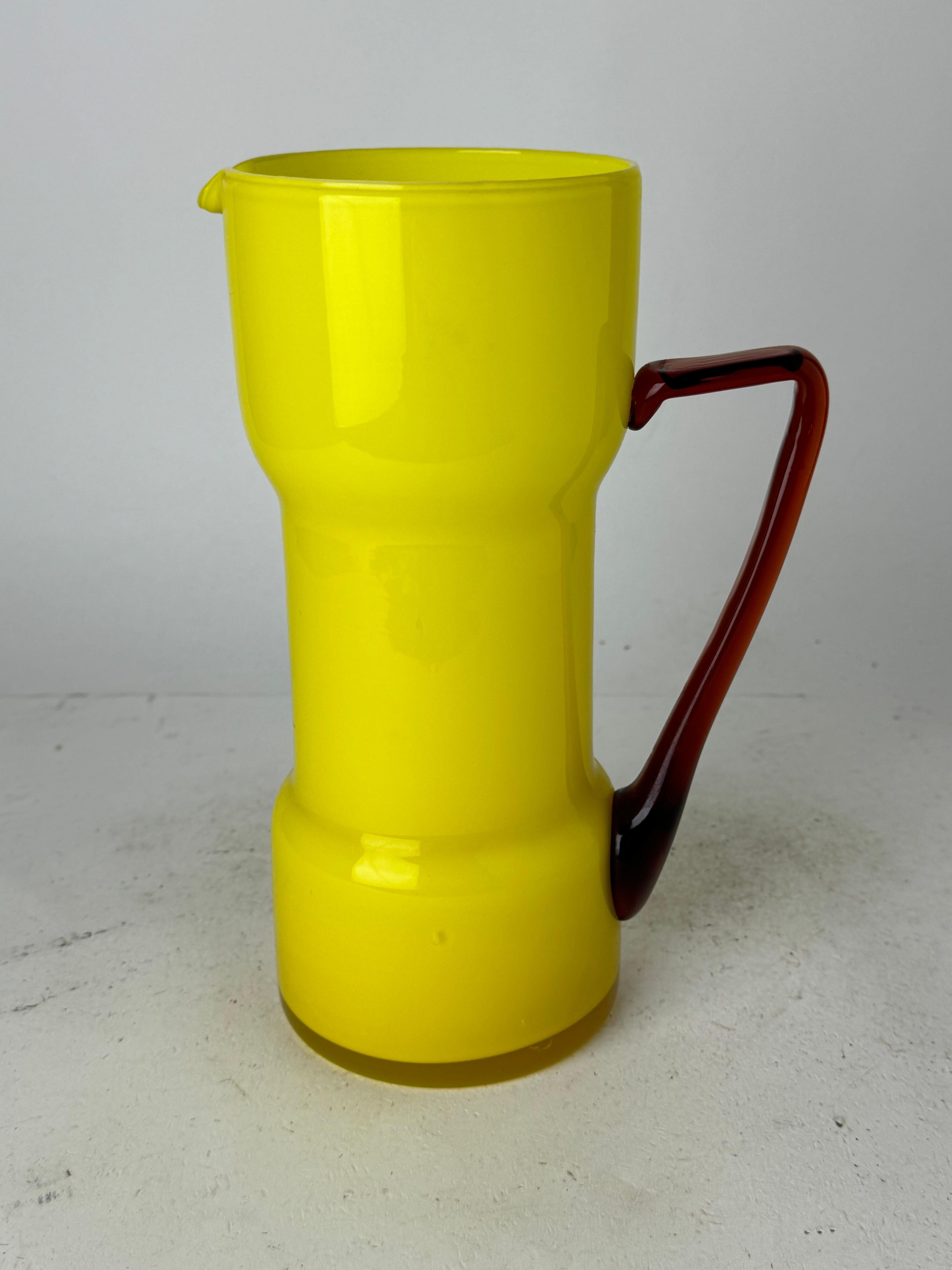 Vintage Yellow and Red Empoli Cased Italian Glass Pitcher In Good Condition For Sale In San Carlos, CA