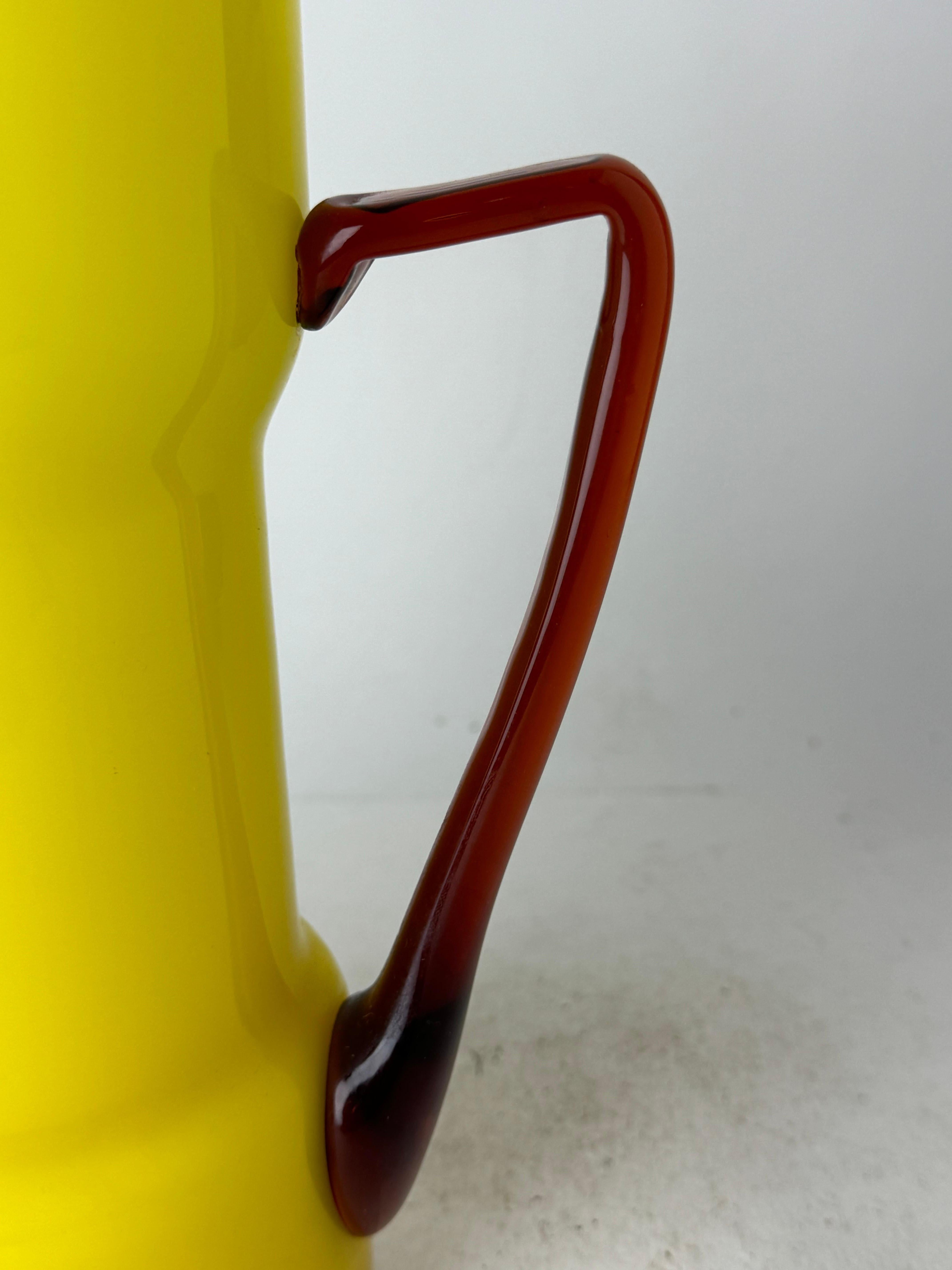 Late 20th Century Vintage Yellow and Red Empoli Cased Italian Glass Pitcher For Sale