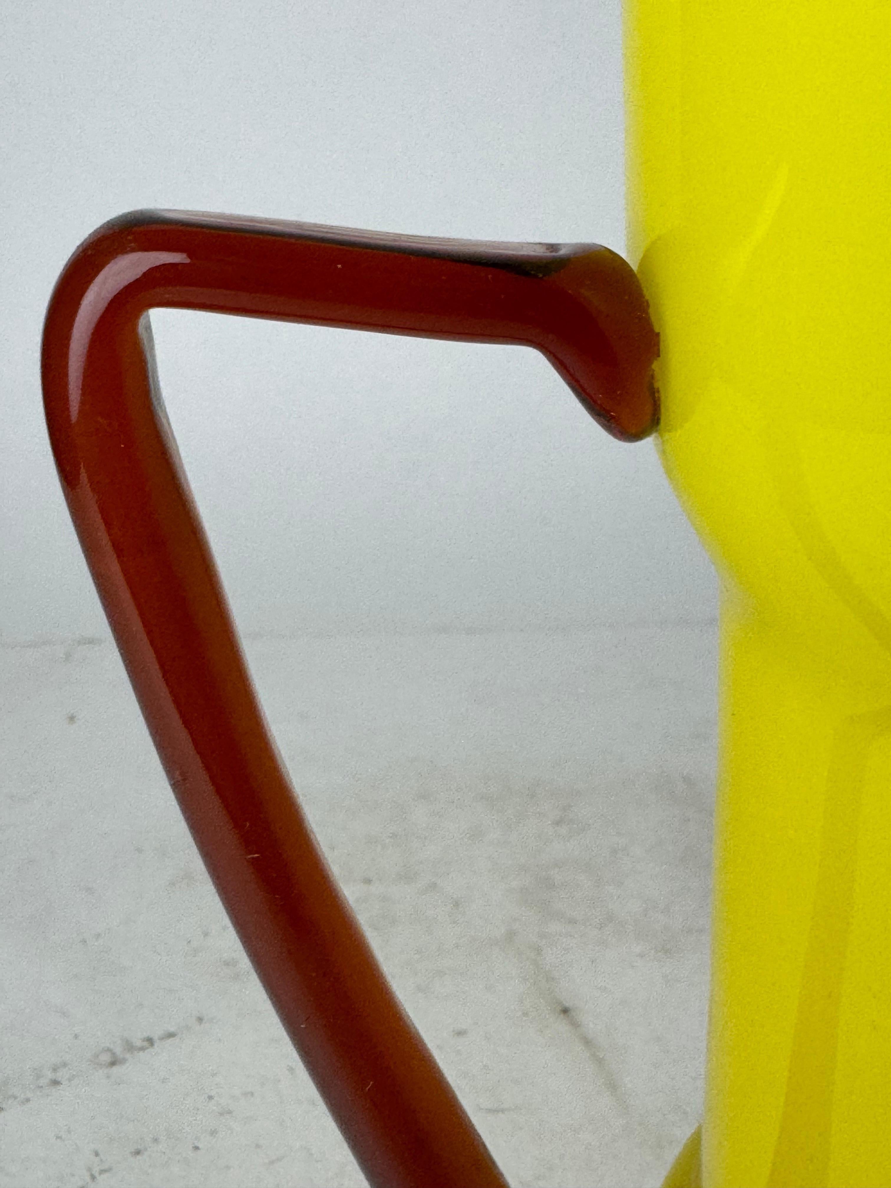 Vintage Yellow and Red Empoli Cased Italian Glass Pitcher For Sale 3