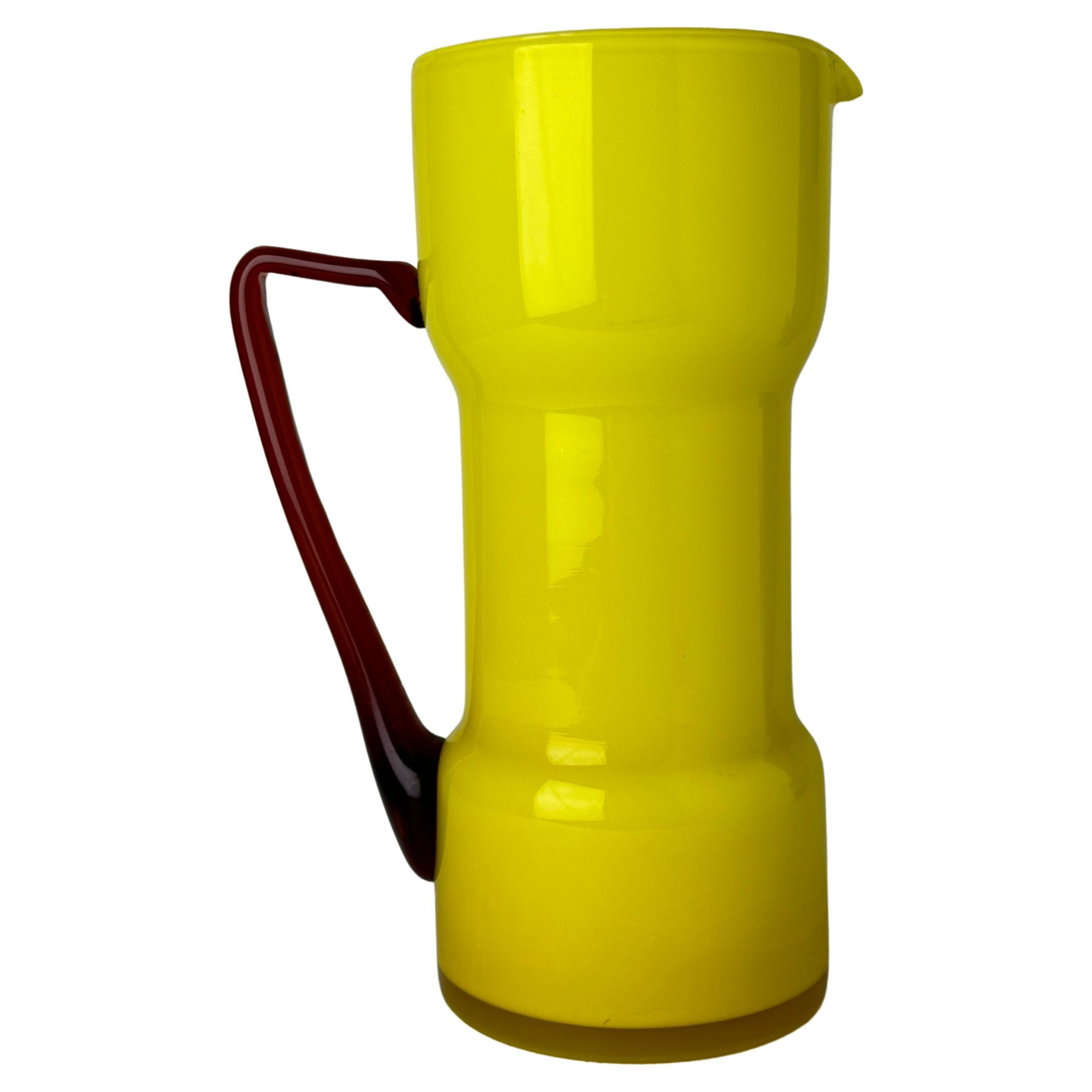 Vintage Yellow and Red Empoli Cased Italian Glass Pitcher For Sale
