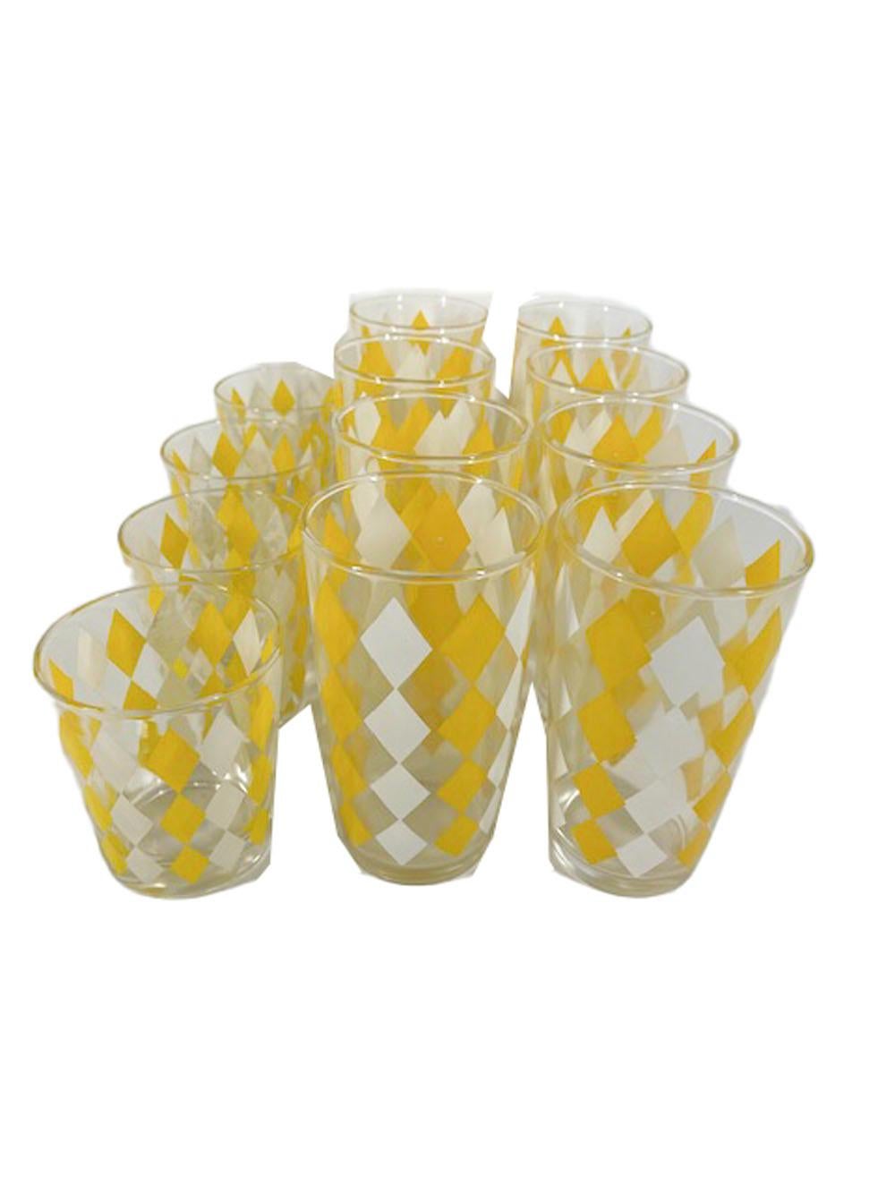 Mid-Century Modern Vintage Yellow and White Diamonds Cocktail Shaker, Ice Bowl and Glasses Set