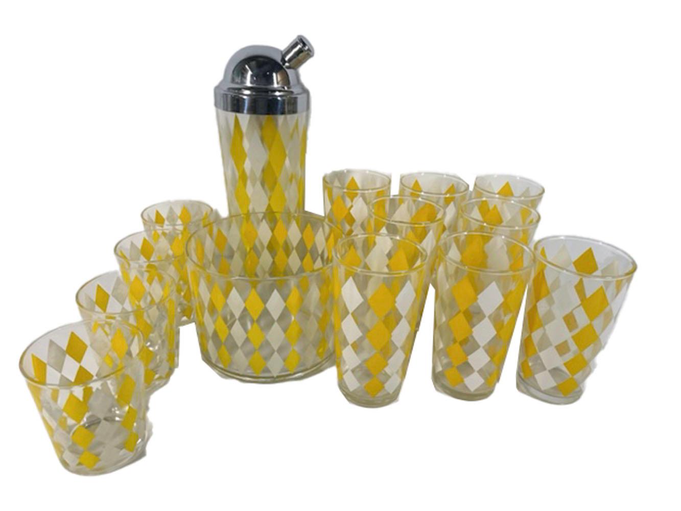 Vintage Yellow and White Diamonds Cocktail Shaker, Ice Bowl and Glasses Set In Good Condition In Nantucket, MA