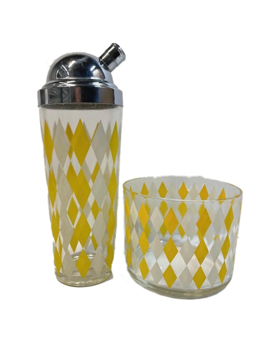 Vintage Yellow and White Diamonds Cocktail Shaker, Ice Bowl and Glasses Set 1