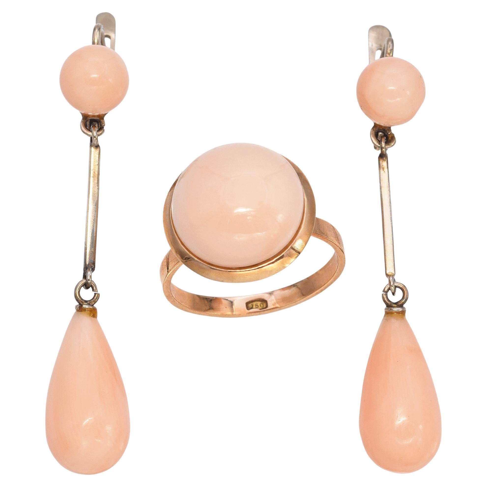 Vintage Yellow and White Gold Angel Skin Coral Earring and Ring Set