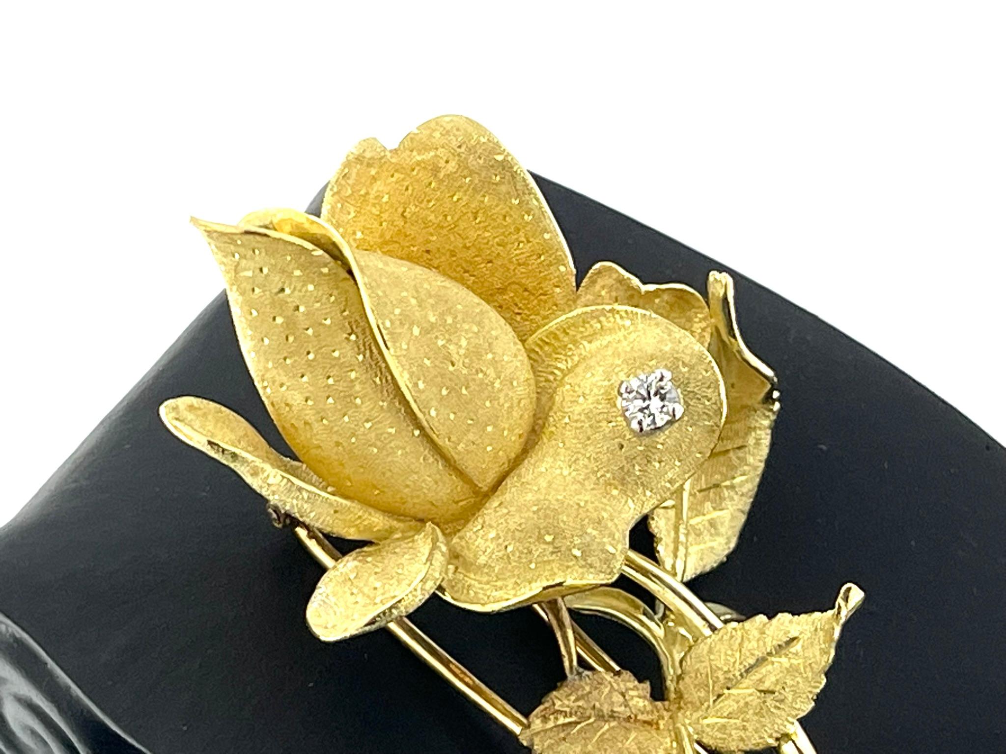 Brilliant Cut Vintage Yellow and White Gold Brooche Rose Flower Design with Diamond For Sale