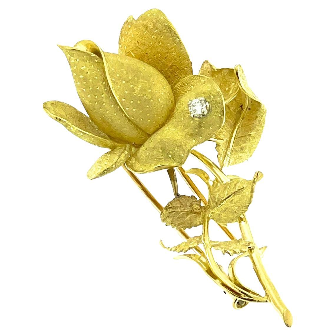 Vintage Yellow and White Gold Brooche Rose Flower Design with Diamond