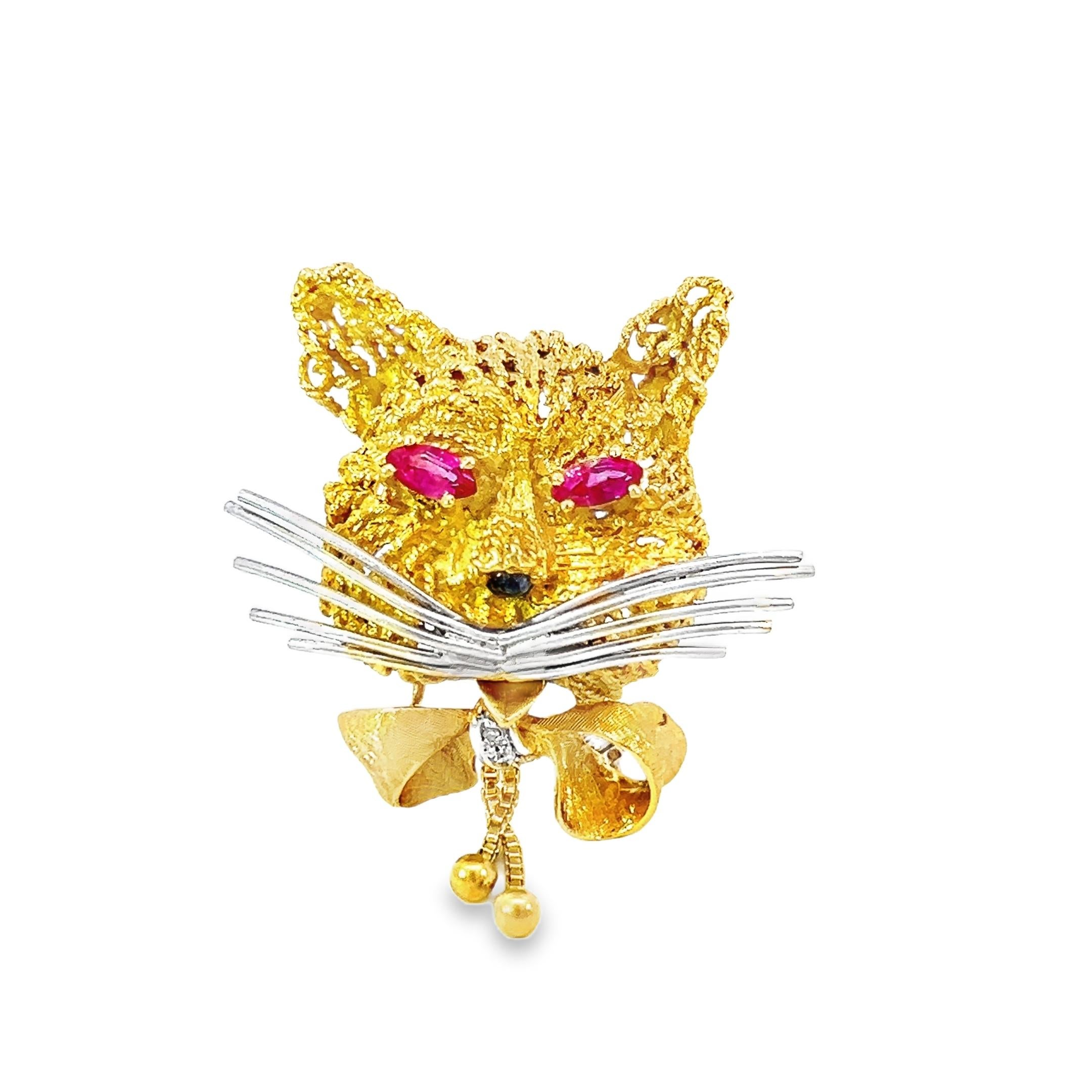 Retro Vintage  Yellow and White Gold Cat Brooch Pin