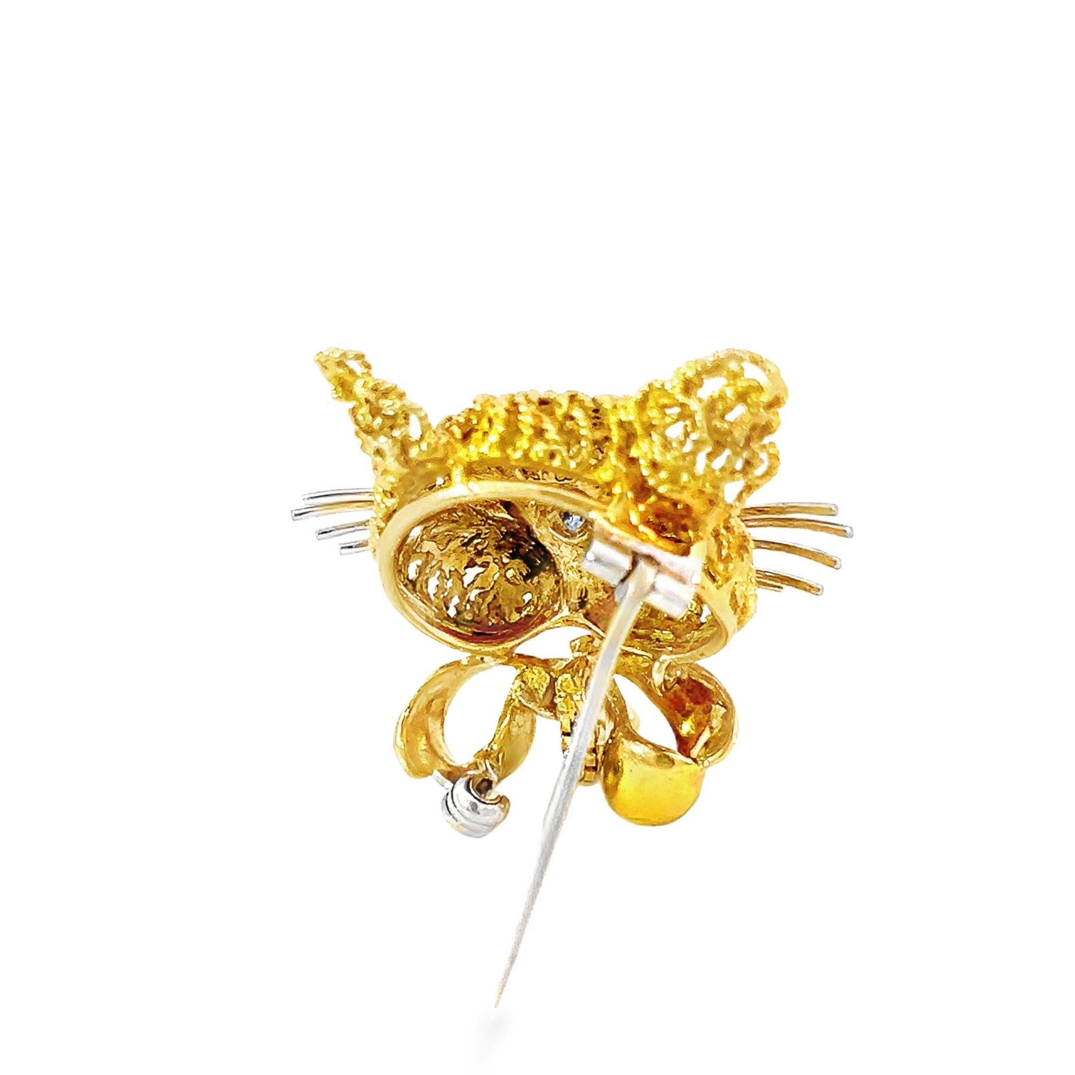 Marquise Cut Vintage  Yellow and White Gold Cat Brooch Pin