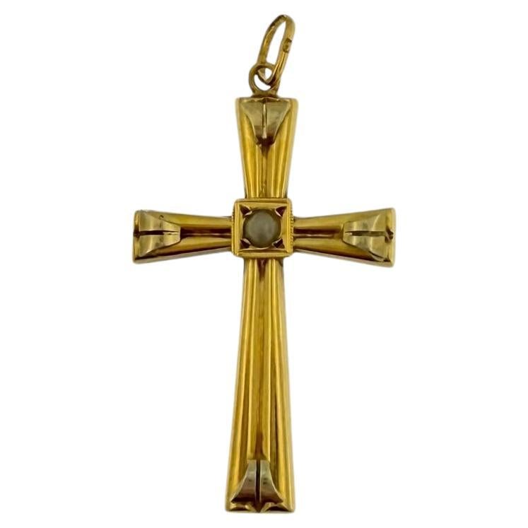 Vintage Yellow and White Gold Cross with Pearl