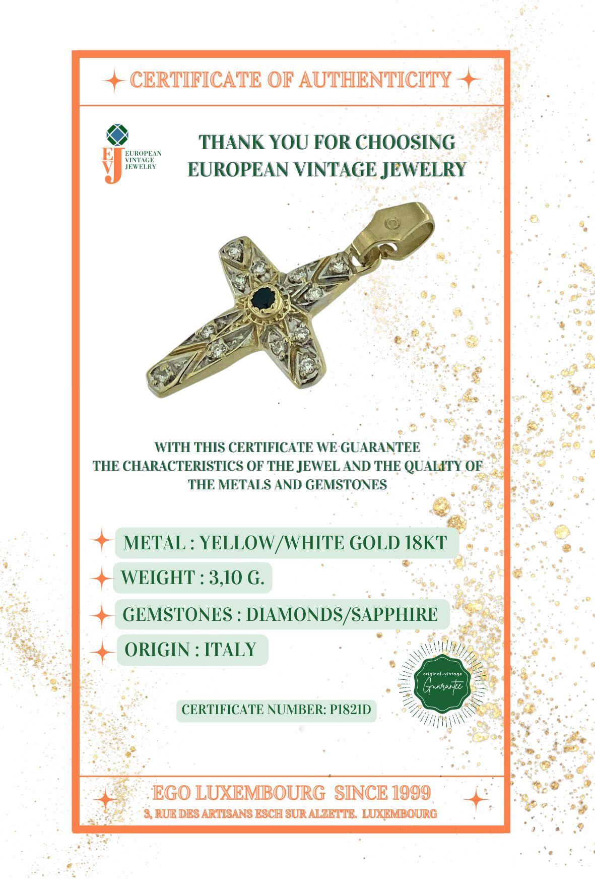 Vintage Yellow and White Gold Cross with Sapphire and Diamonds 4