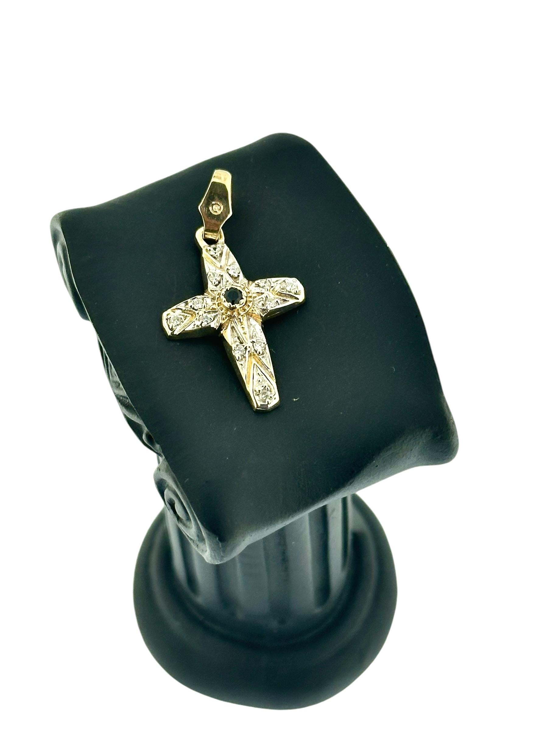 Retro Vintage Yellow and White Gold Cross with Sapphire and Diamonds