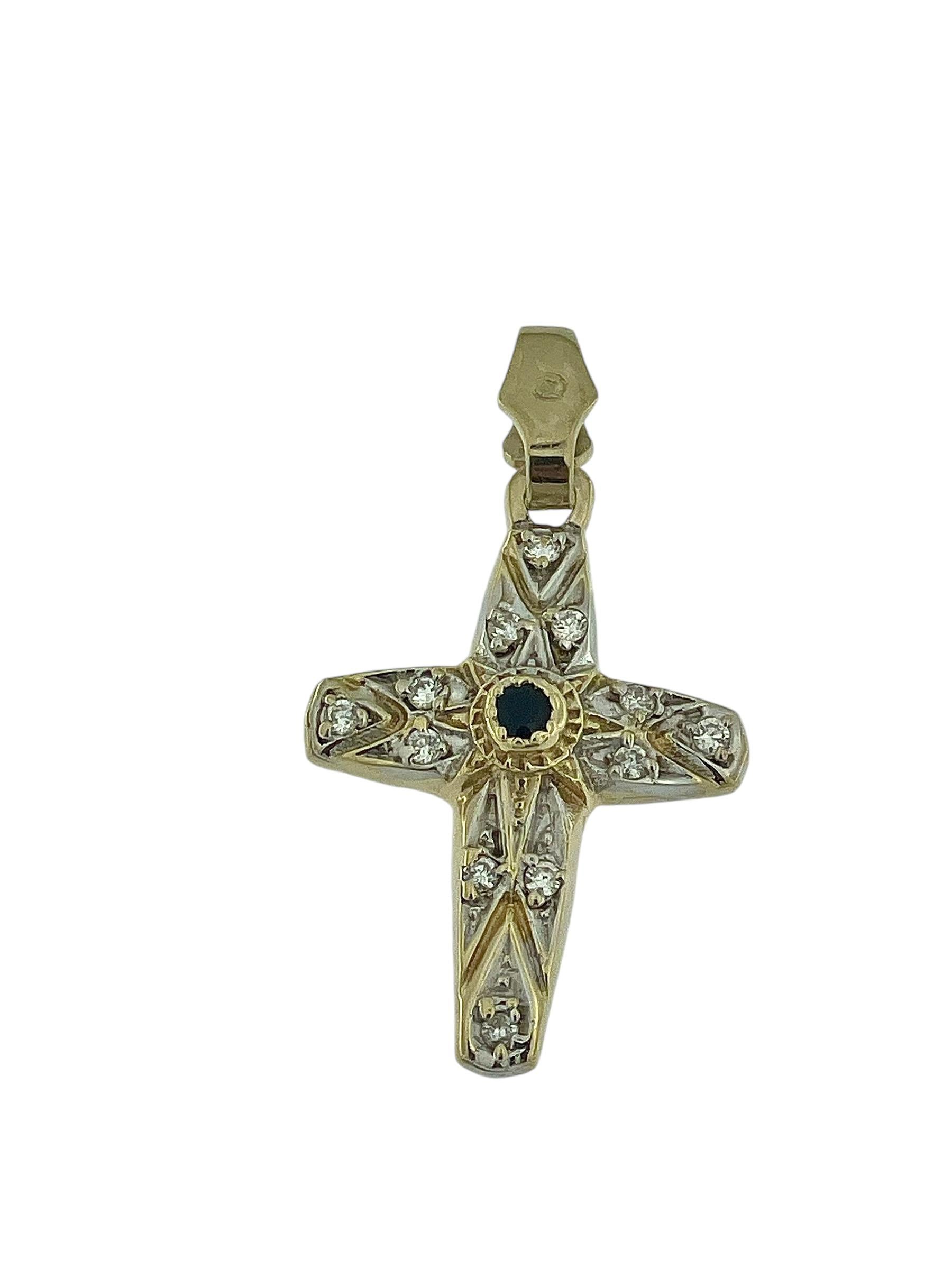 Vintage Yellow and White Gold Cross with Sapphire and Diamonds In Good Condition In Esch sur Alzette, Esch-sur-Alzette
