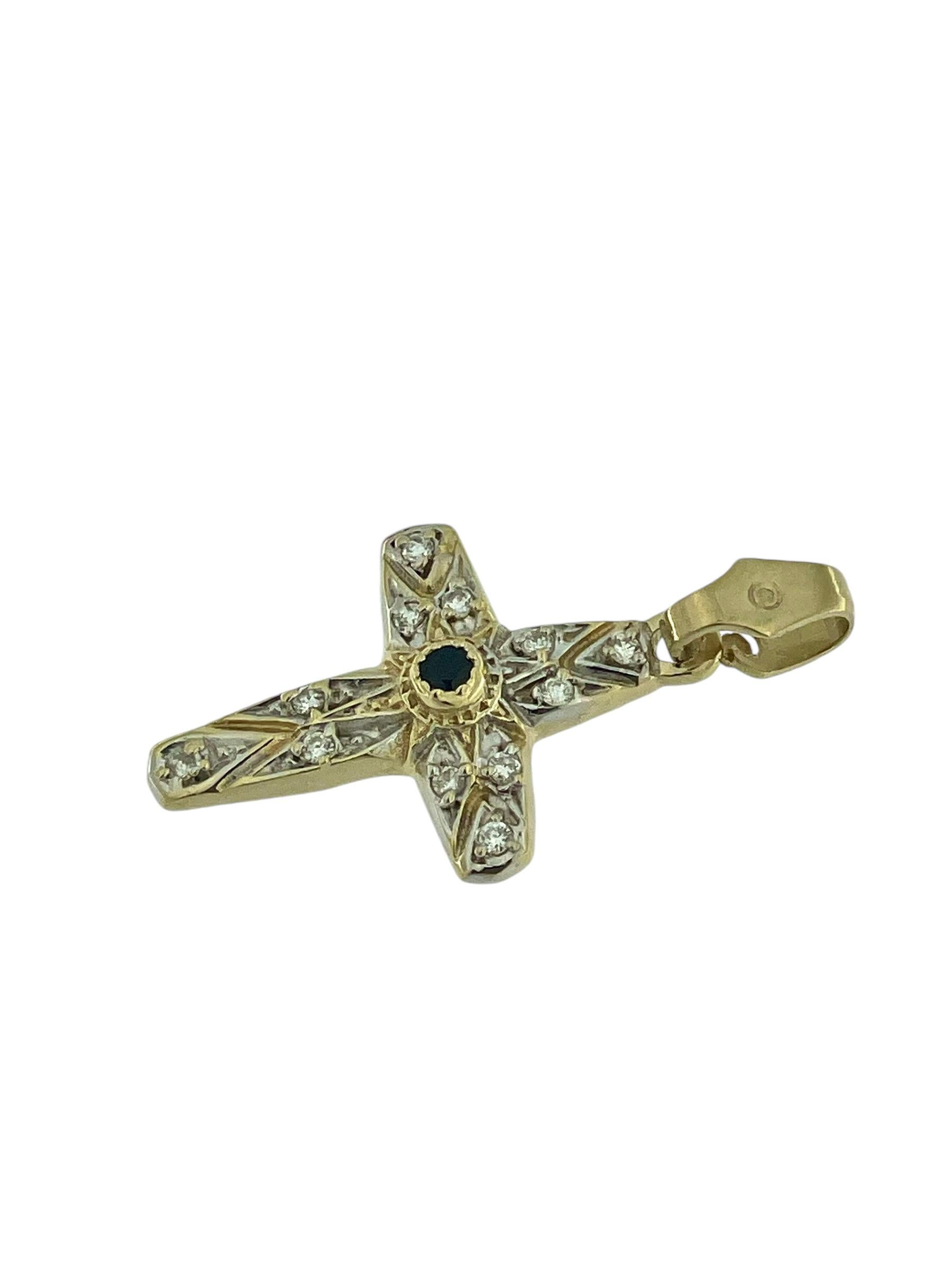 Women's or Men's Vintage Yellow and White Gold Cross with Sapphire and Diamonds