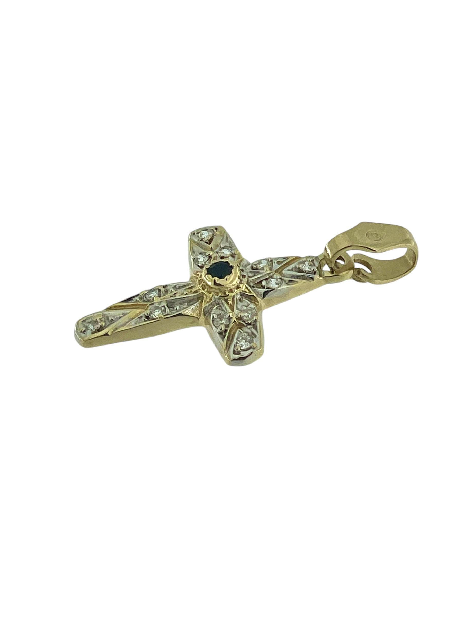 Vintage Yellow and White Gold Cross with Sapphire and Diamonds 1