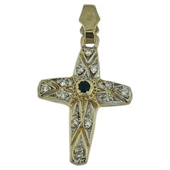 Vintage Yellow and White Gold Cross with Sapphire and Diamonds