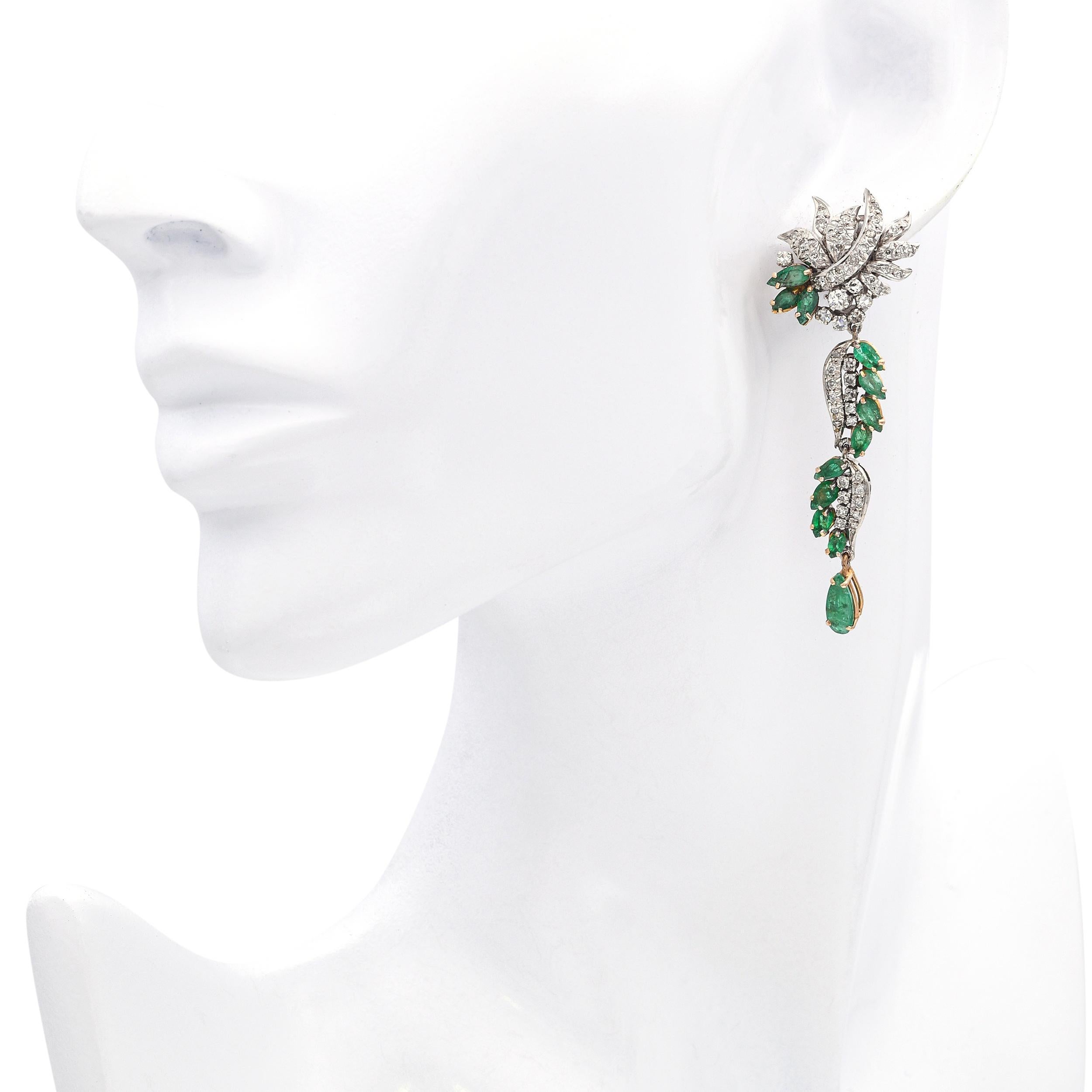 Mixed Cut Vintage Yellow and White Gold Diamond and Emerald Statement Drop Earrings For Sale