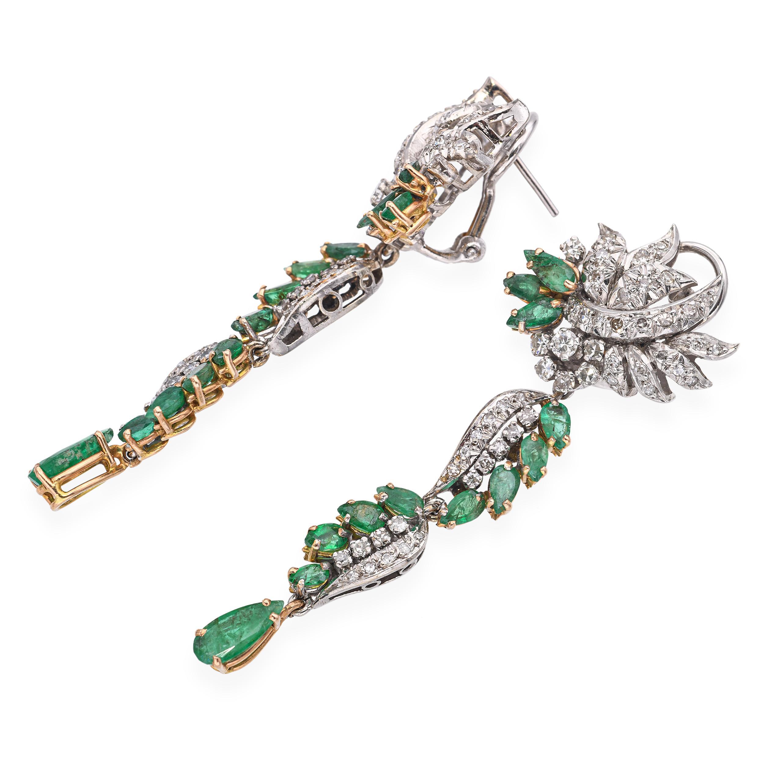 Women's Vintage Yellow and White Gold Diamond and Emerald Statement Drop Earrings For Sale
