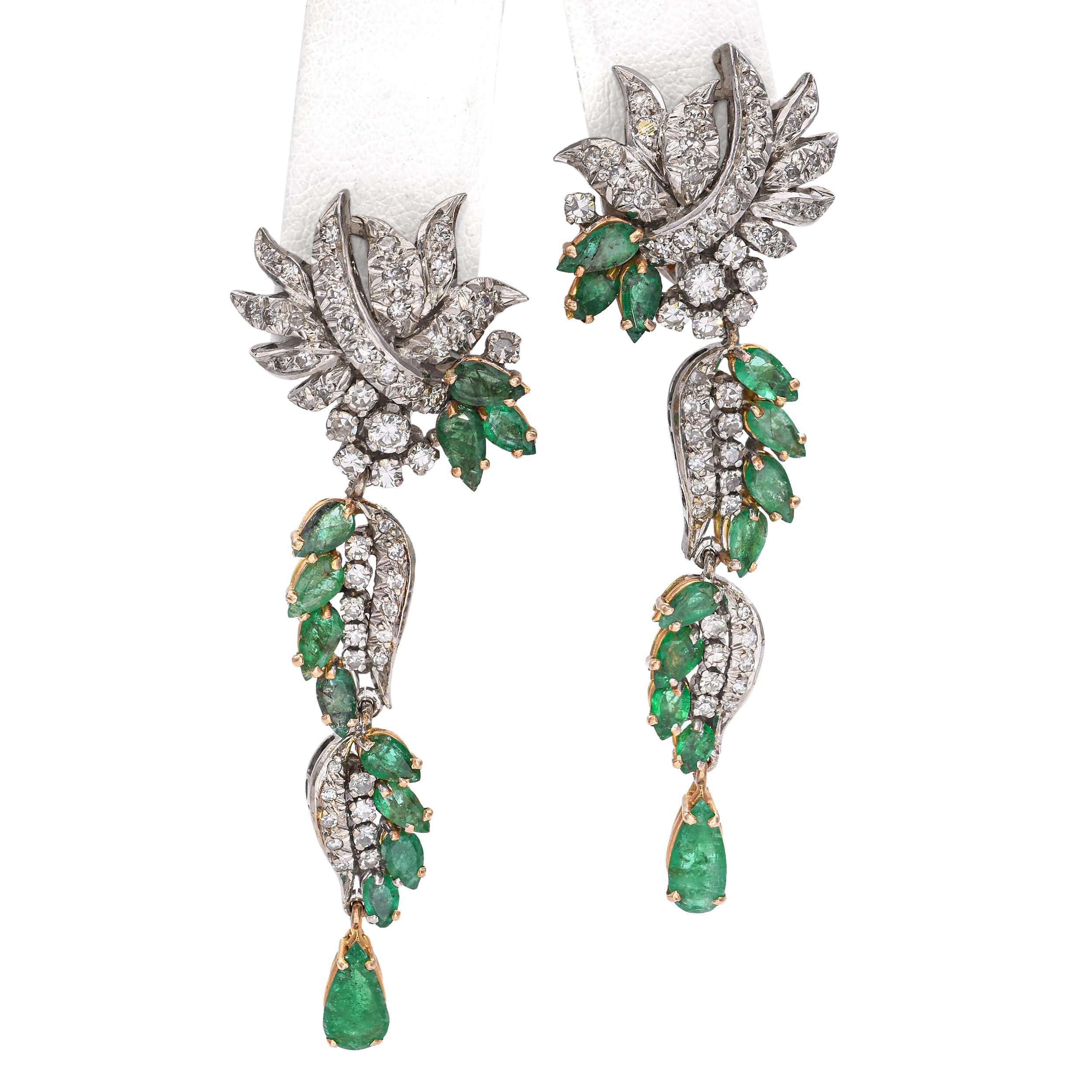Vintage Yellow and White Gold Diamond and Emerald Statement Drop Earrings For Sale 1