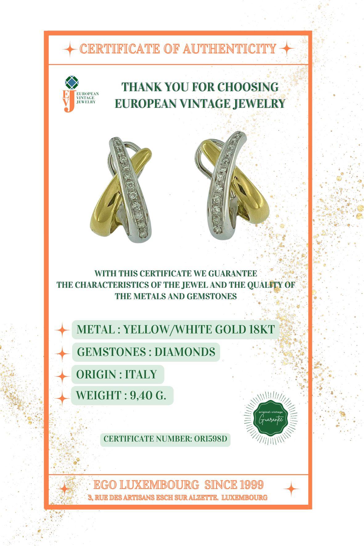 Pendientes Vintage de Oro Amarillo y Blanco con Diamantes en venta 2