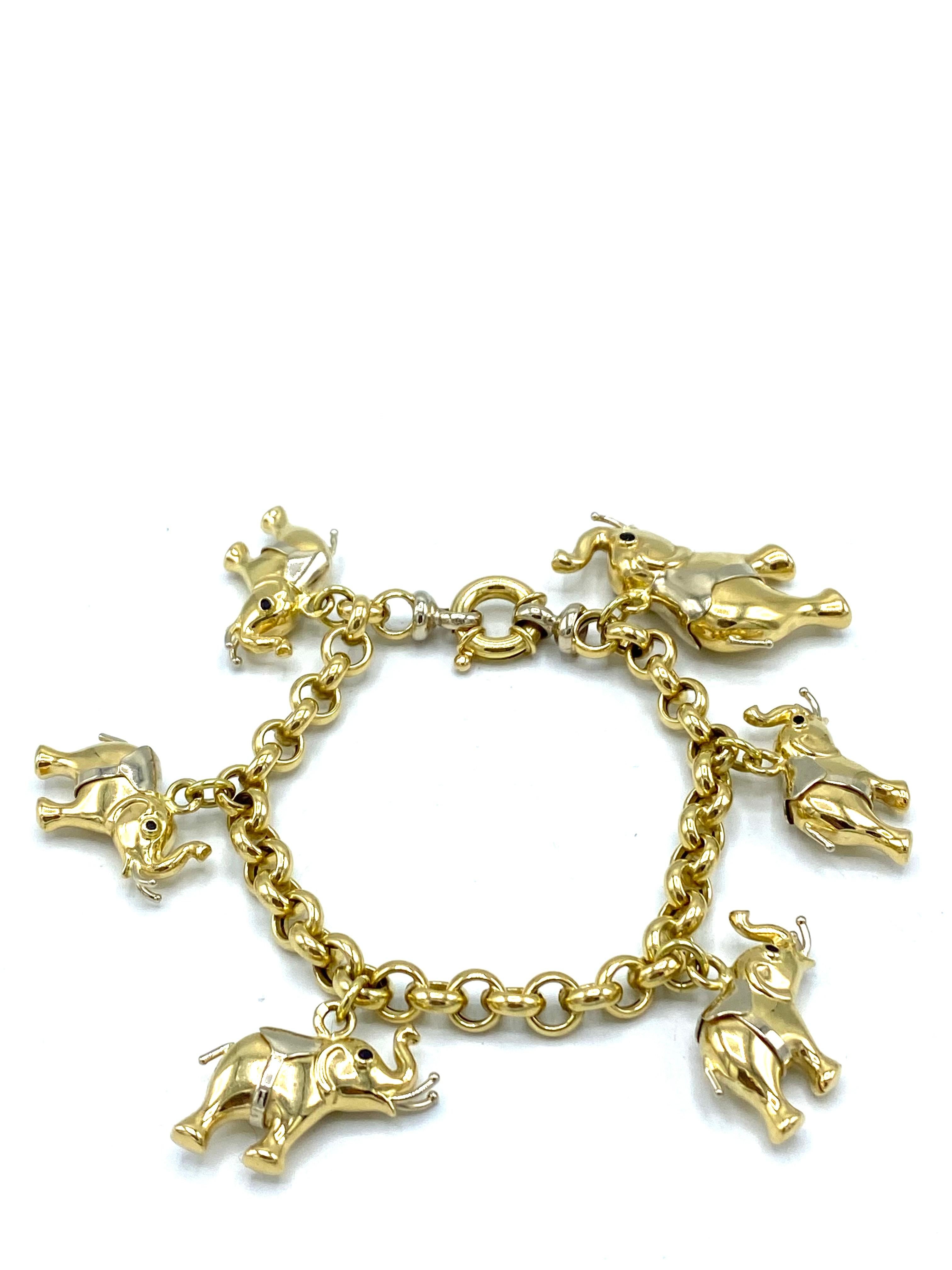 Product details:

The bracelet is made out of 18 karat yellow and white gold, it features five small elephants (L 1