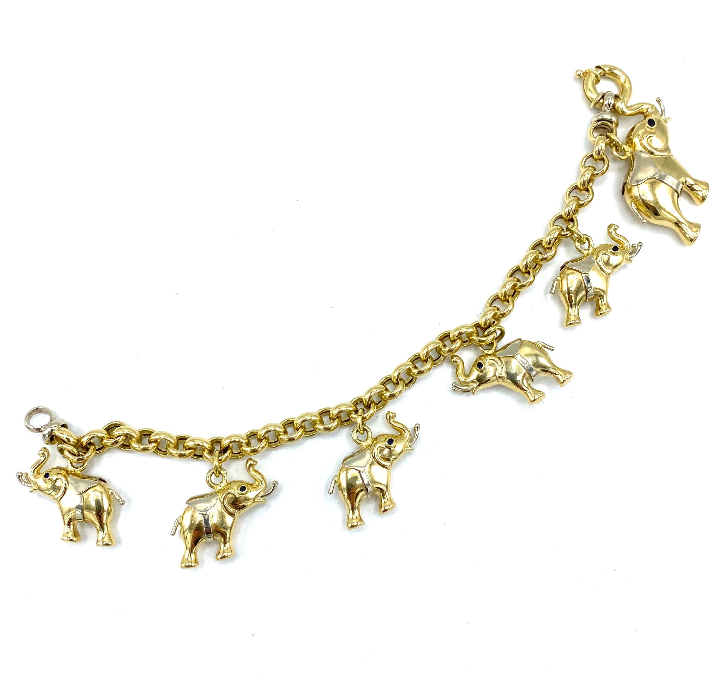 Round Cut Vintage Yellow and White Gold Link Chain Bracelet w/ Elephant Charms