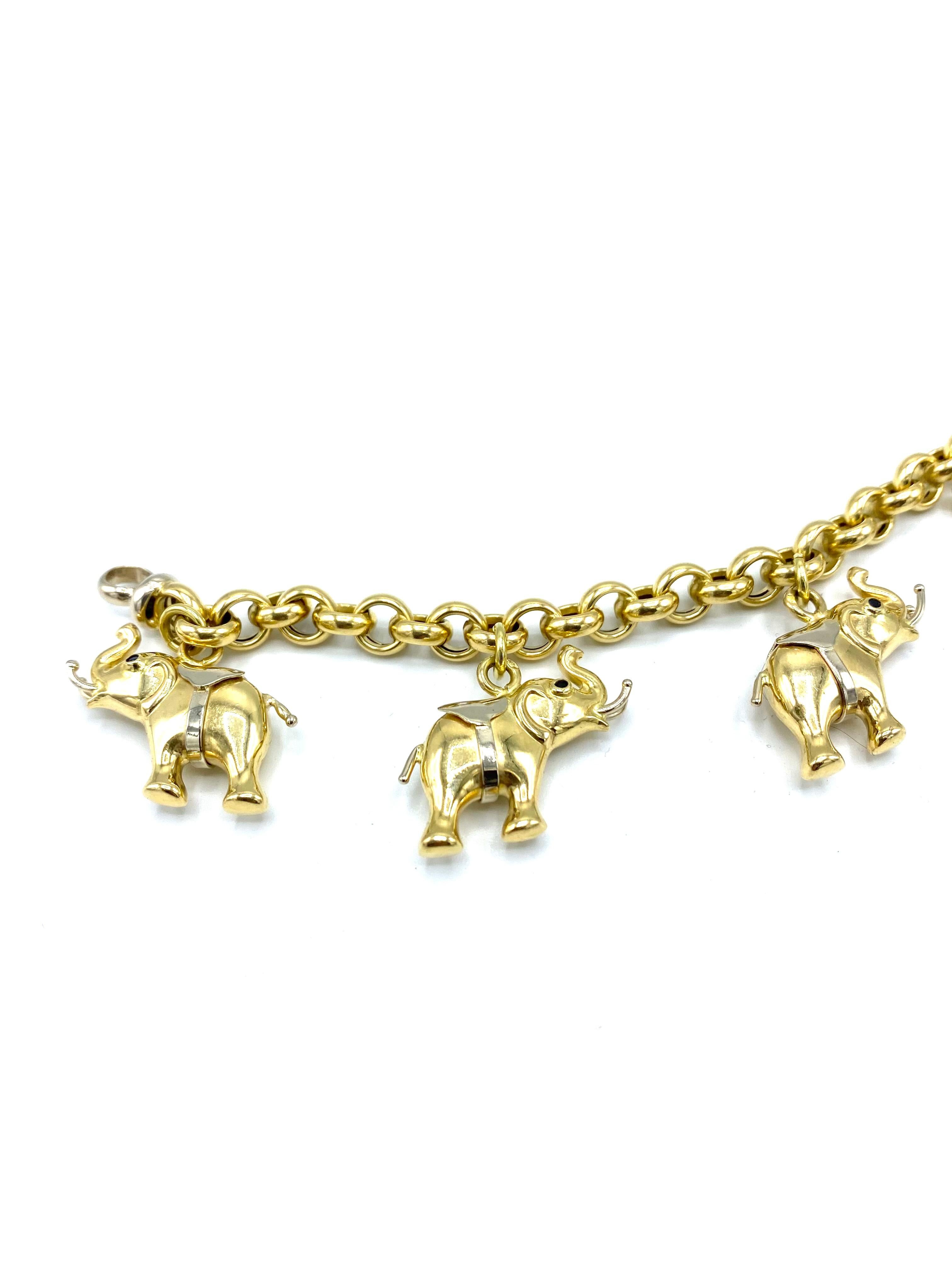 Vintage Yellow and White Gold Link Chain Bracelet w/ Elephant Charms In Excellent Condition In Beverly Hills, CA