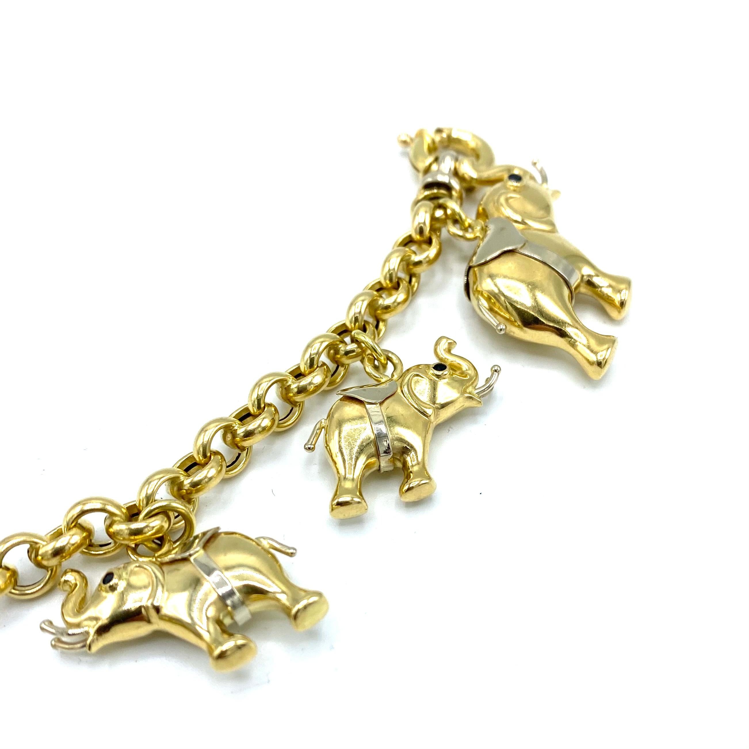 Women's or Men's Vintage Yellow and White Gold Link Chain Bracelet w/ Elephant Charms