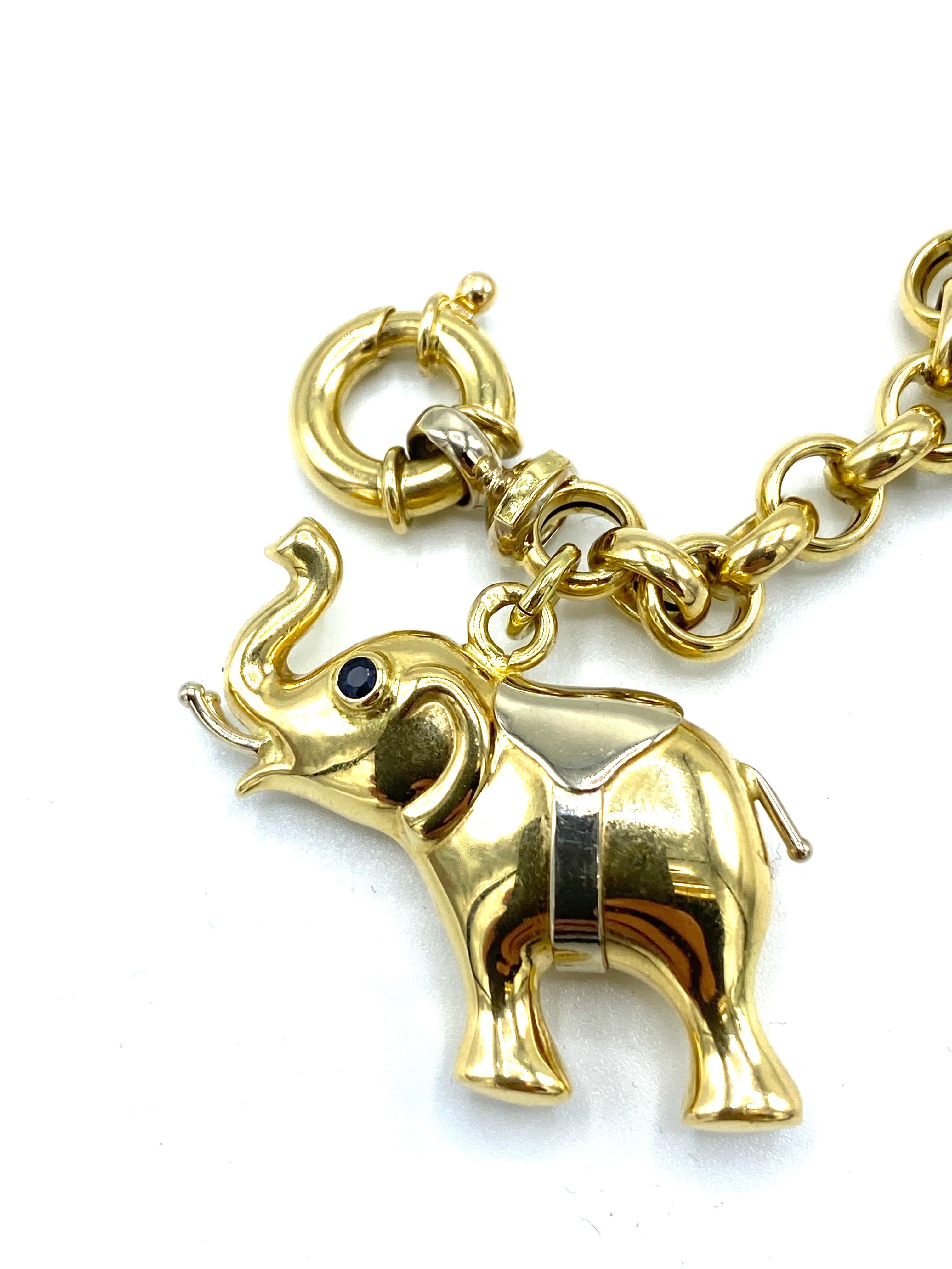Vintage Yellow and White Gold Link Chain Bracelet w/ Elephant Charms 1