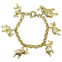 Vintage Yellow and White Gold Link Chain Bracelet w/ Elephant Charms
