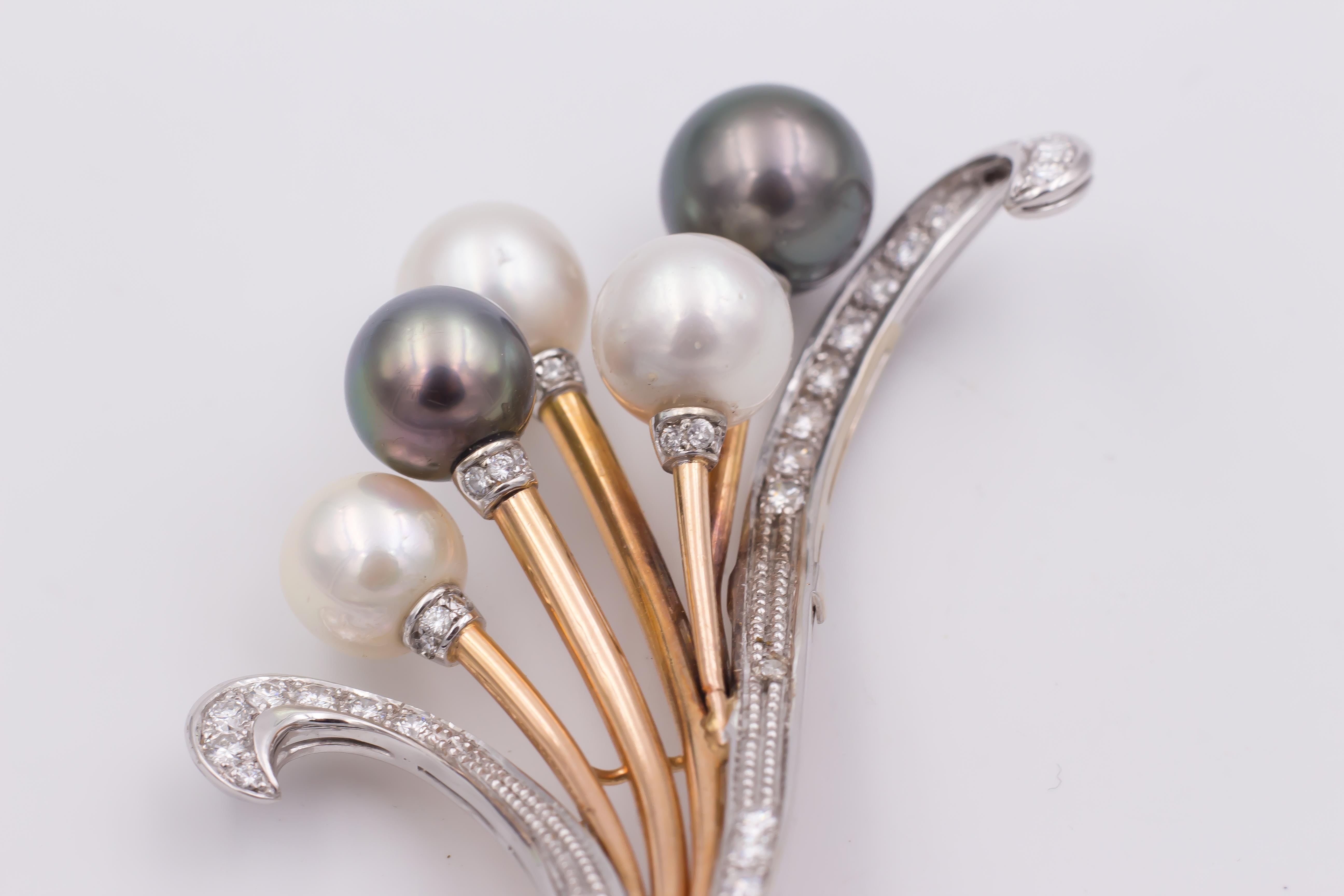 This very elegant vintage brooch has a very dynamic and lively shape: it is set with five pearls, alternating Akoya and Tahiti pearls; the brooch is also decorated with diamonds, set in a both yellow and white mount. The brooch dates from the 1960s.