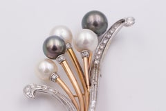 Vintage Yellow and White Gold, Pearl and Diamond Brooch, 1960s