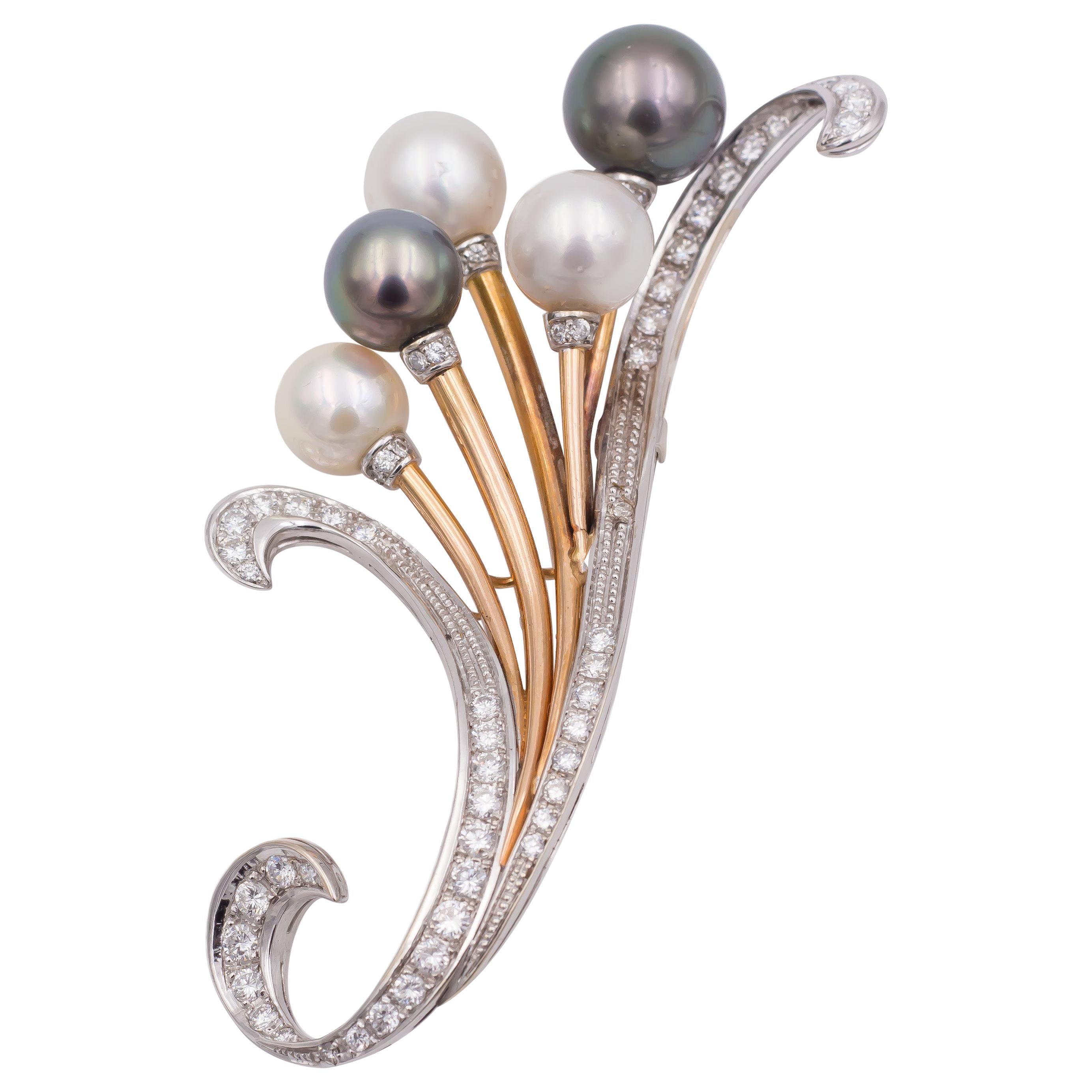 Vintage Yellow and White Gold, Pearl and Diamond Brooch, 1960s For Sale