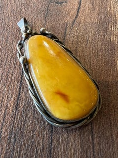 Vintage Yellow Baltic Amber Pendant Necklace, Silver, Latvia, 1930