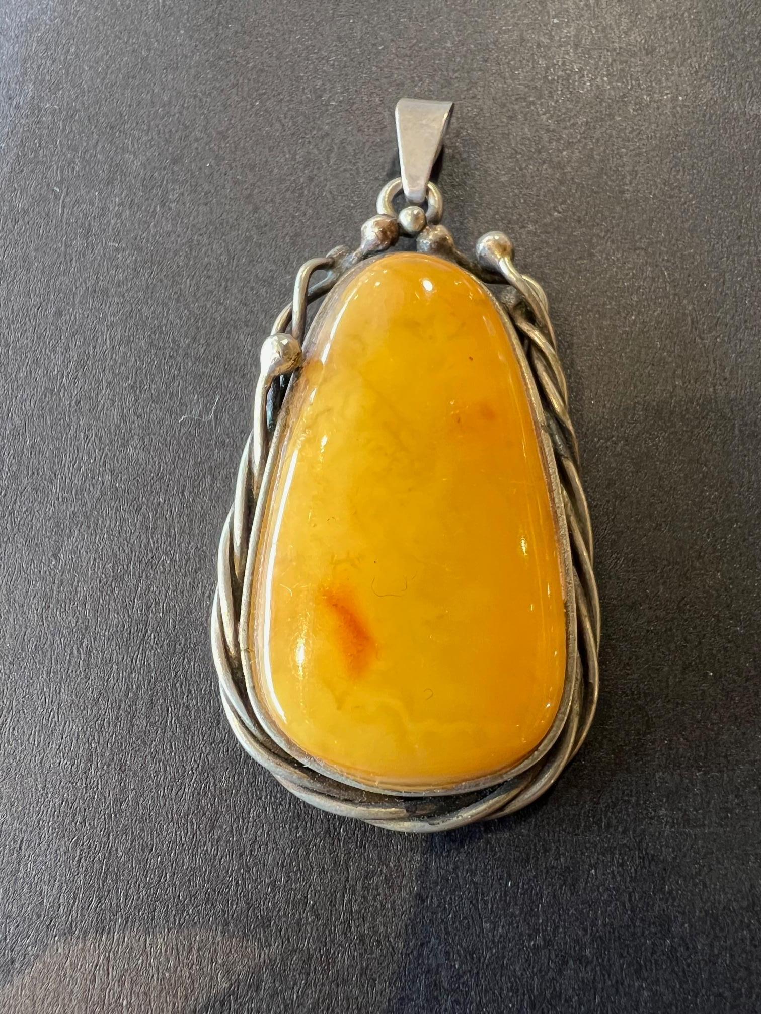Artisan Vintage Yellow Baltic Amber Pendant from Latvia For Sale