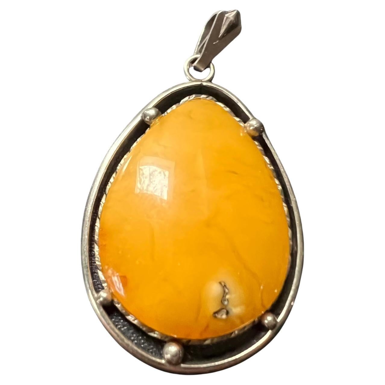 Vintage Yellow Baltic Amber Pendant from Latvia For Sale