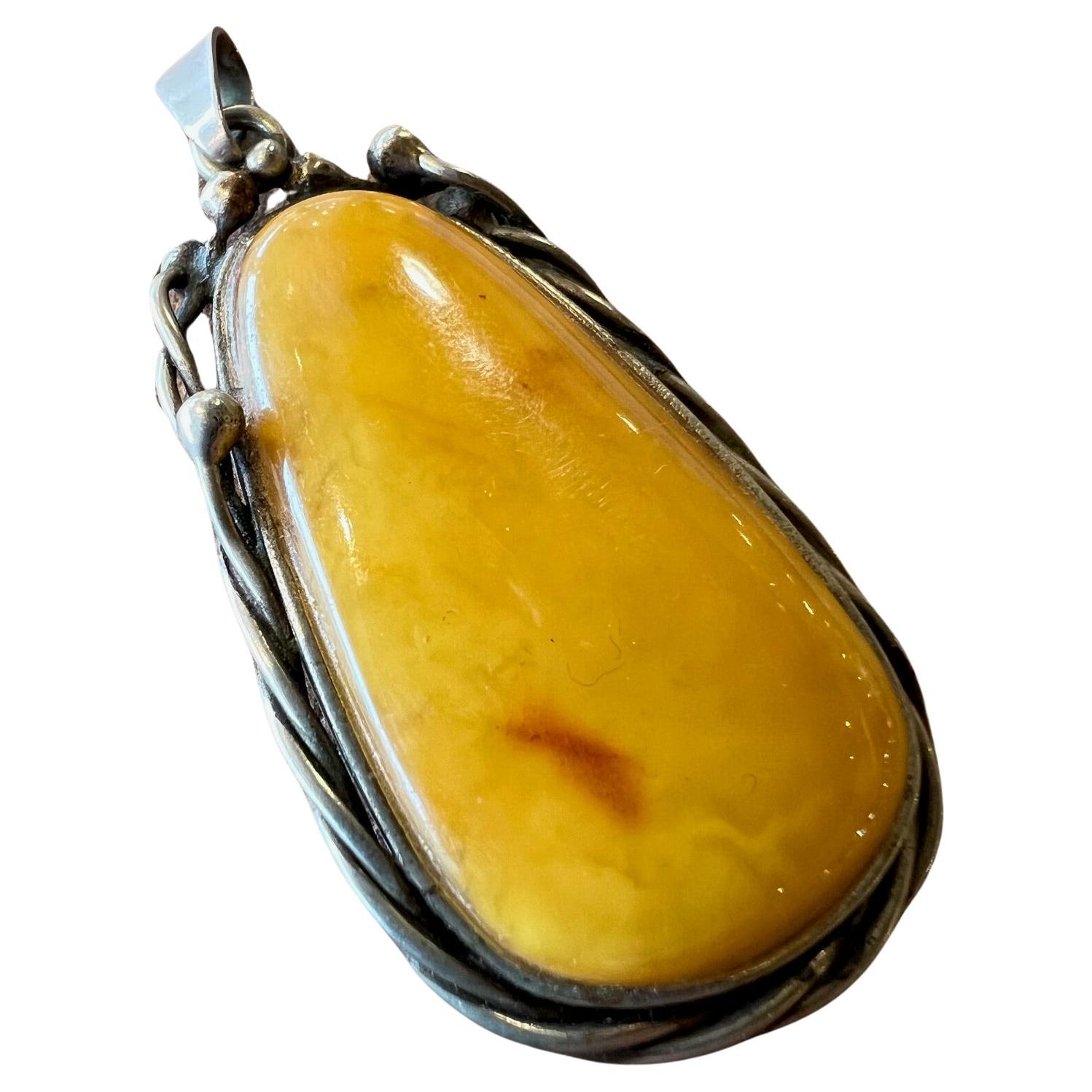 Vintage Yellow Baltic Amber Pendant from Latvia For Sale