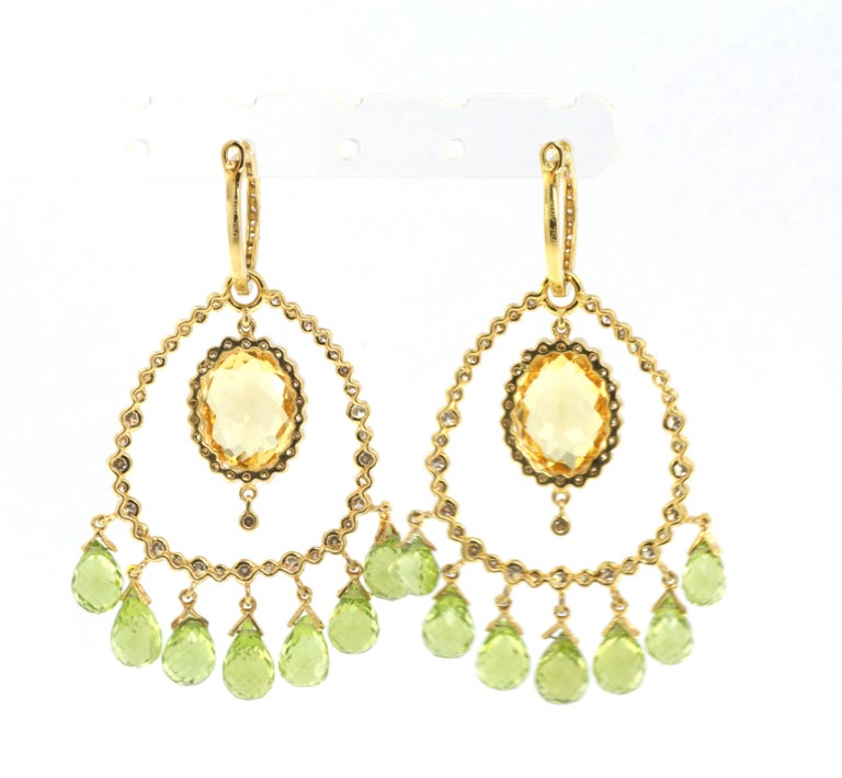 Modernist Vintage Yellow Beryl and Peridot Diamond Dangle Drop Earring in 18K Yellow Gold