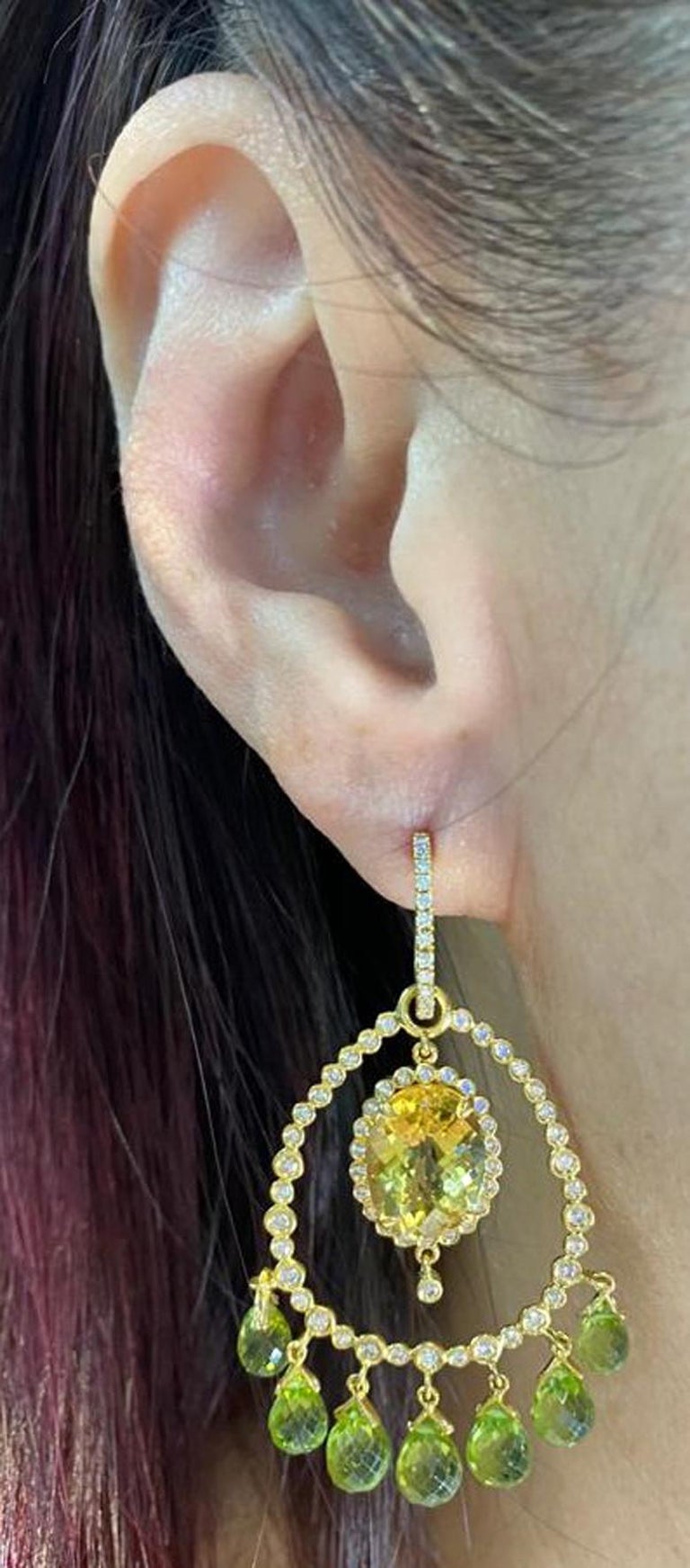 Oval Cut Vintage Yellow Beryl and Peridot Diamond Dangle Drop Earring in 18K Yellow Gold