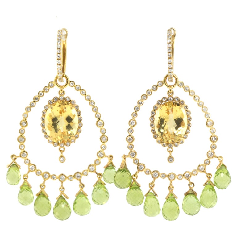 Vintage Yellow Beryl and Peridot Diamond Dangle Drop Earring in 18K Yellow Gold