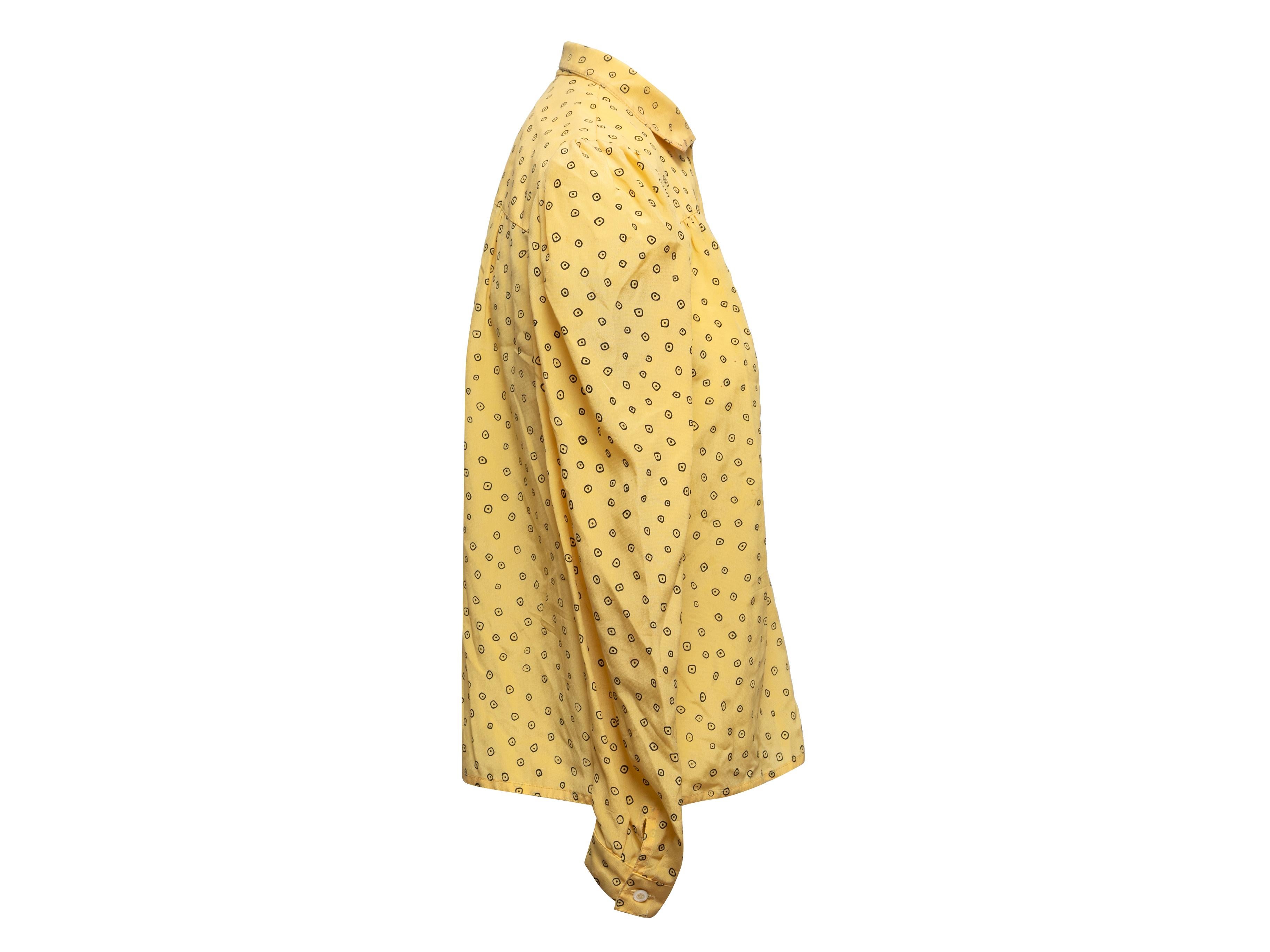 Vintage Yellow & Black Jan Vanvelden Printed Silk Blouse Size US S/M For Sale 1