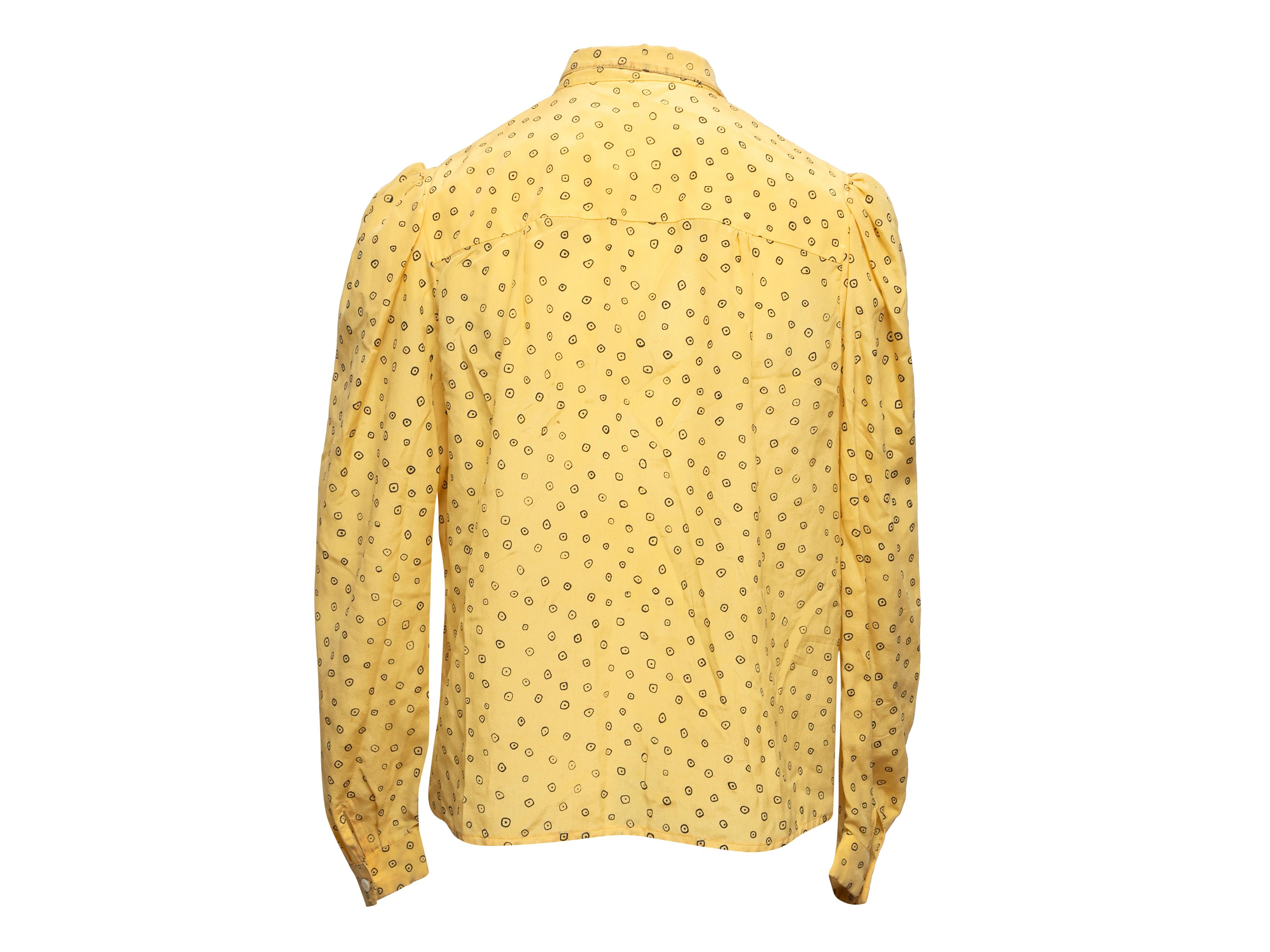 Vintage Yellow & Black Jan Vanvelden Printed Silk Blouse Size US S/M For Sale 2