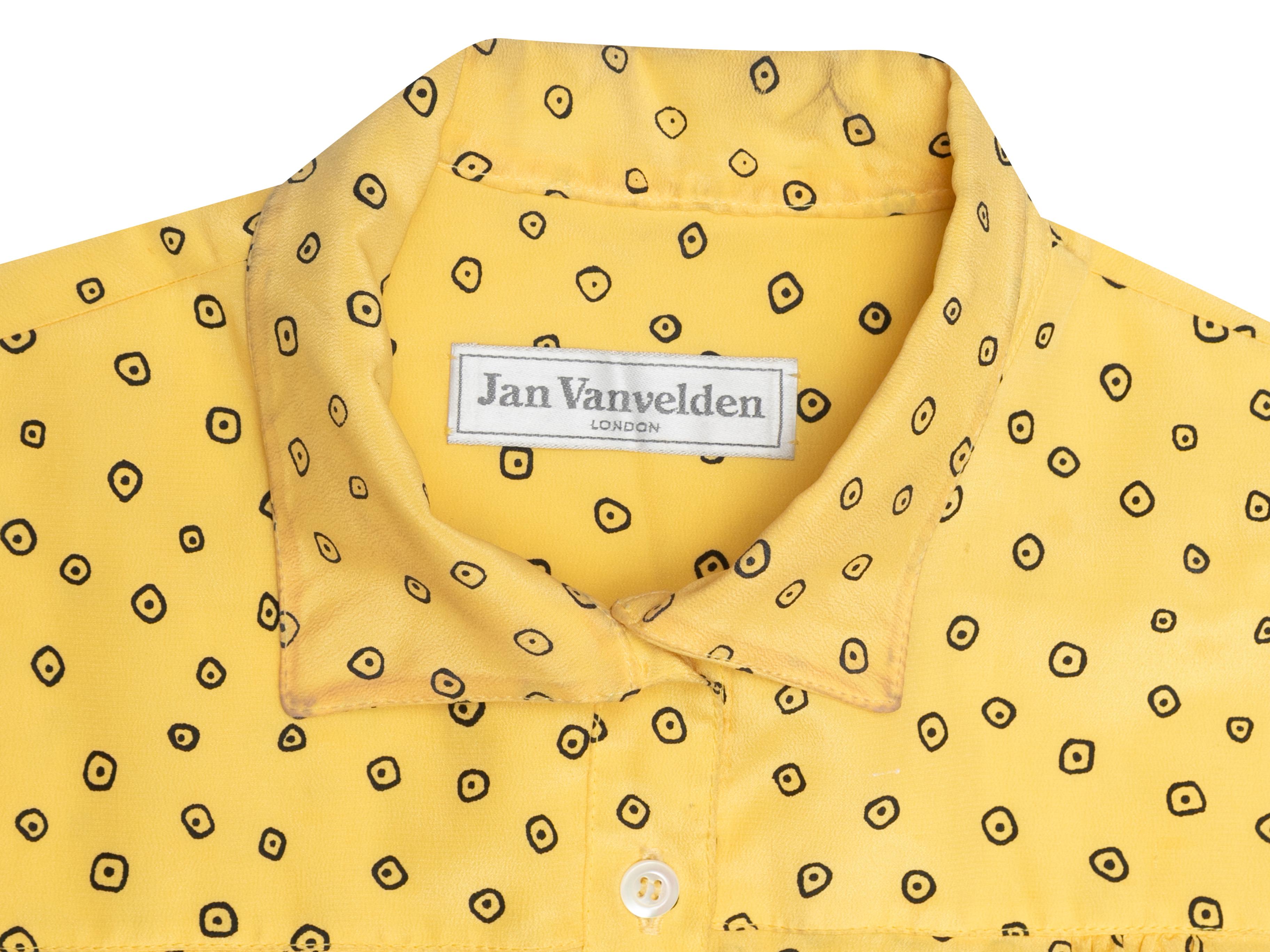 Vintage Yellow & Black Jan Vanvelden Printed Silk Blouse Size US S/M For Sale 3
