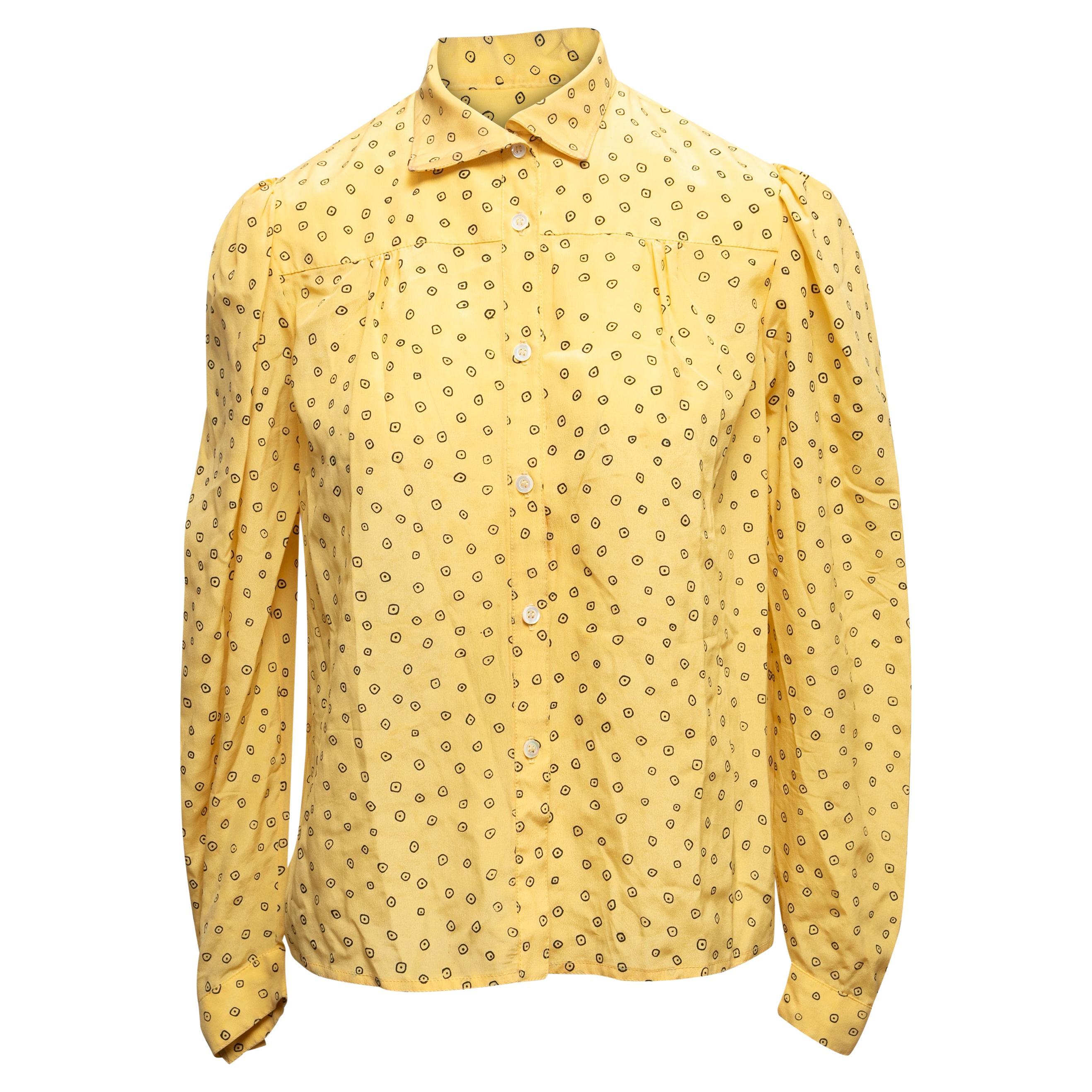 Vintage Yellow & Black Jan Vanvelden Printed Silk Blouse Size US S/M For Sale