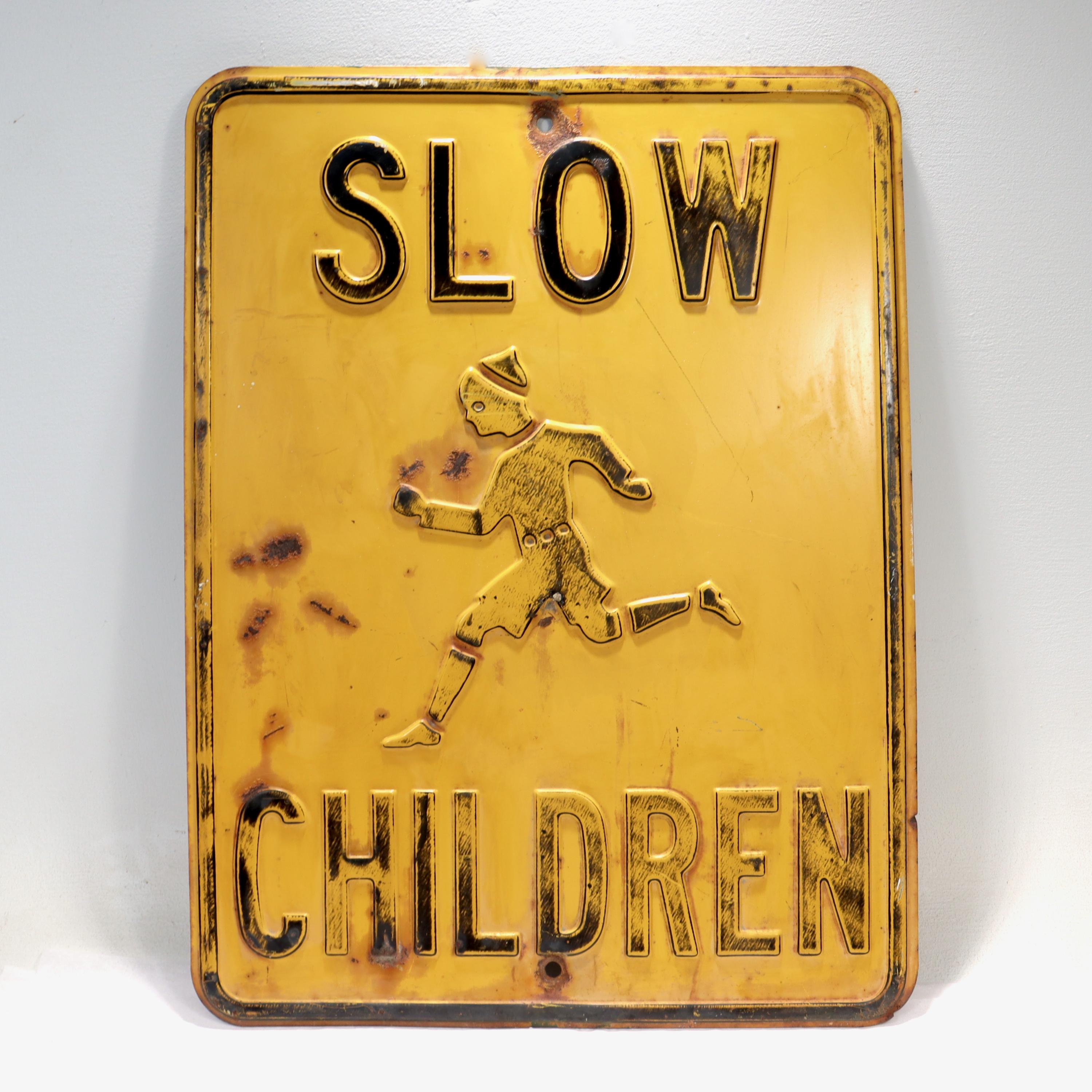 A fine vintage traffic or street sign.

With graphics of a child running & large block letters spelling: 'SLOW CHILDREN'. 

Simply a great vintage sign!

Date:
Mid-20th Century

Overall Condition:
It is in overall good, as-pictured, used