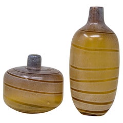 Vintage Yellow Blown Art Glass Bulbous Set of Vases